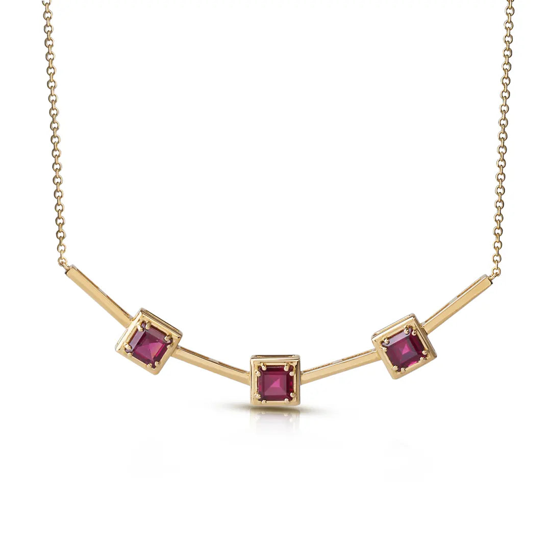 3 Square Shaped Rhodolite 14K Gold Necklace