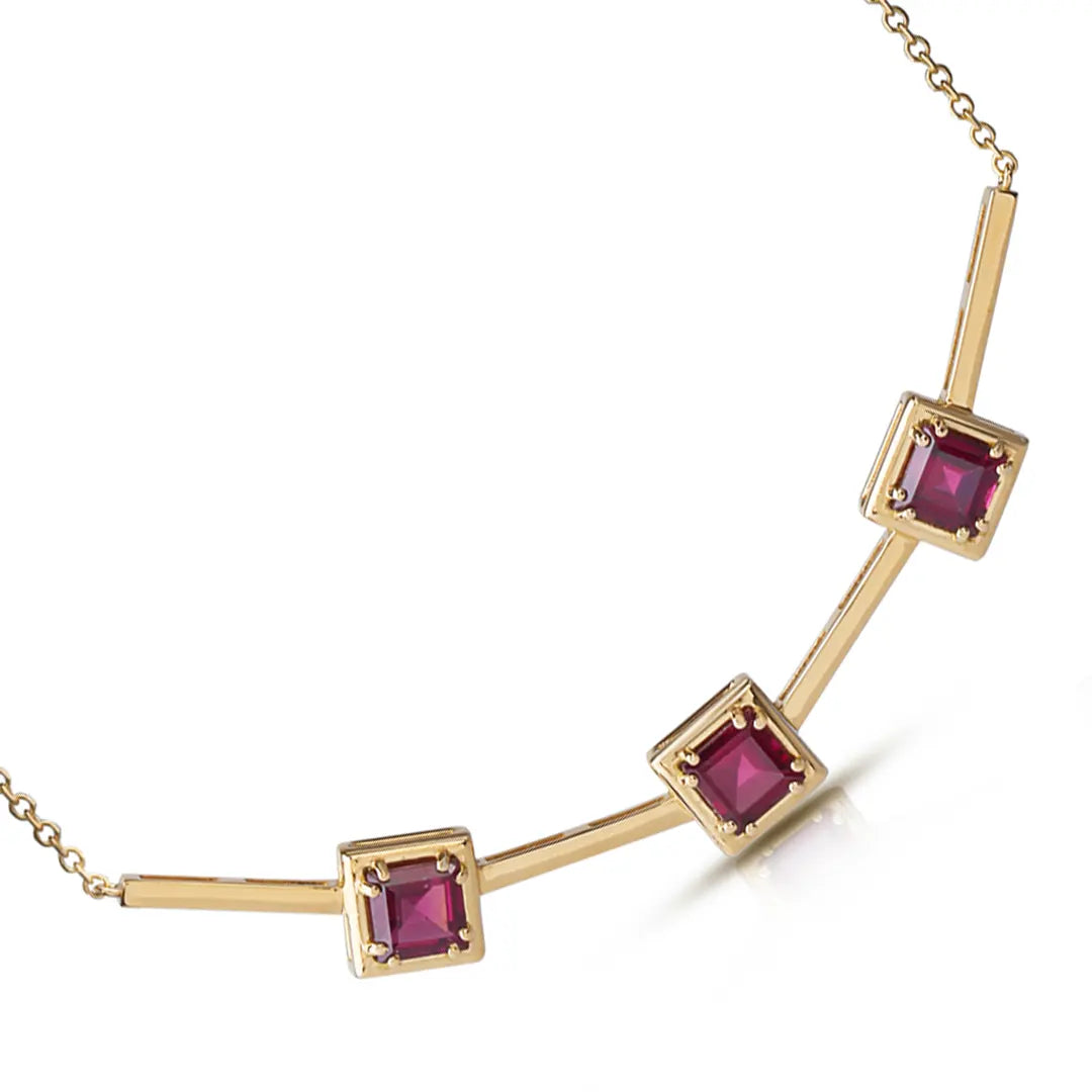 3 Square Shaped Rhodolite 14K Gold Necklace