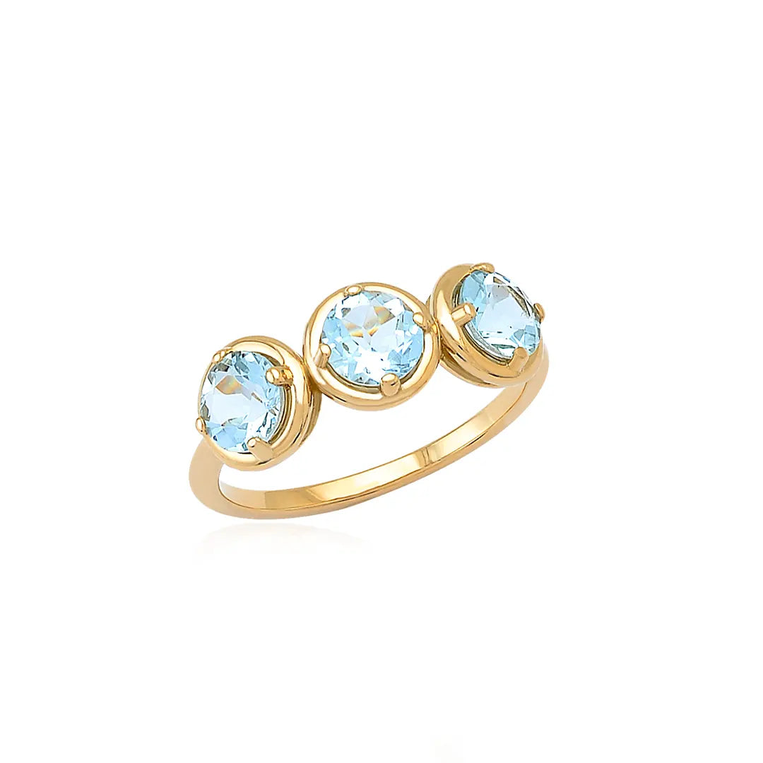 3 Round Shaped Aquamarine 14K Gold Ring