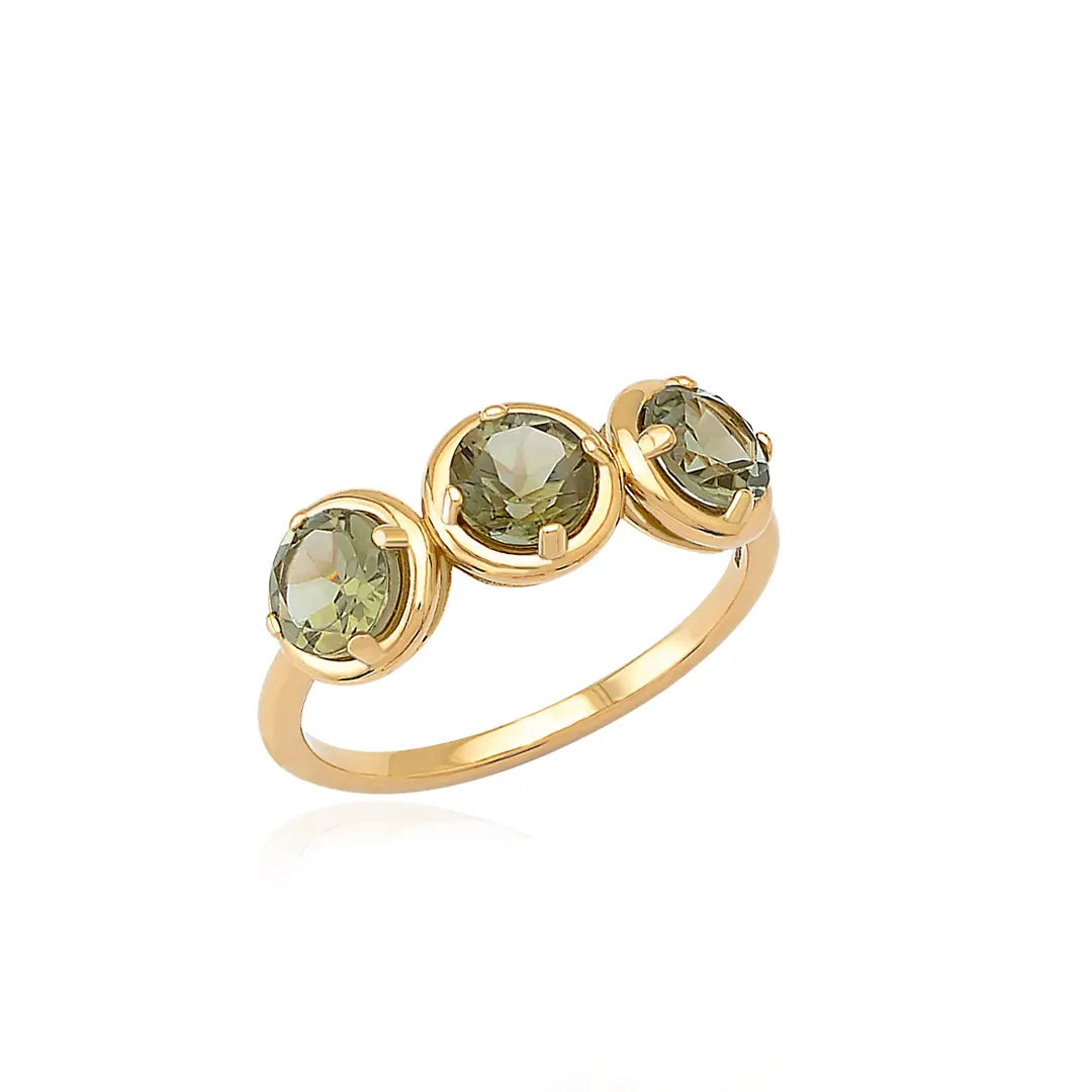 3 Round Shaped Olive Green Tourmaline 14K Gold Ring