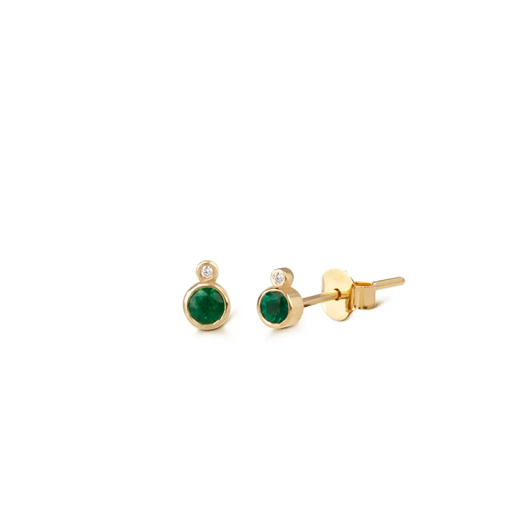14K Gold Stud Solitair Emerald Earrings with a Tiny Diamond below