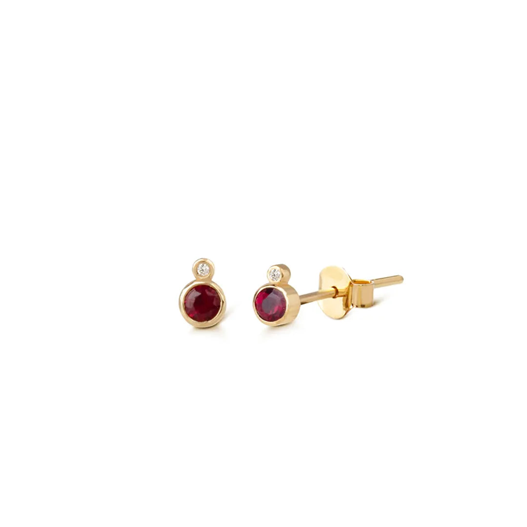 14K Gold Stud Solitair Ruby Earrings with a Tiny Diamond below