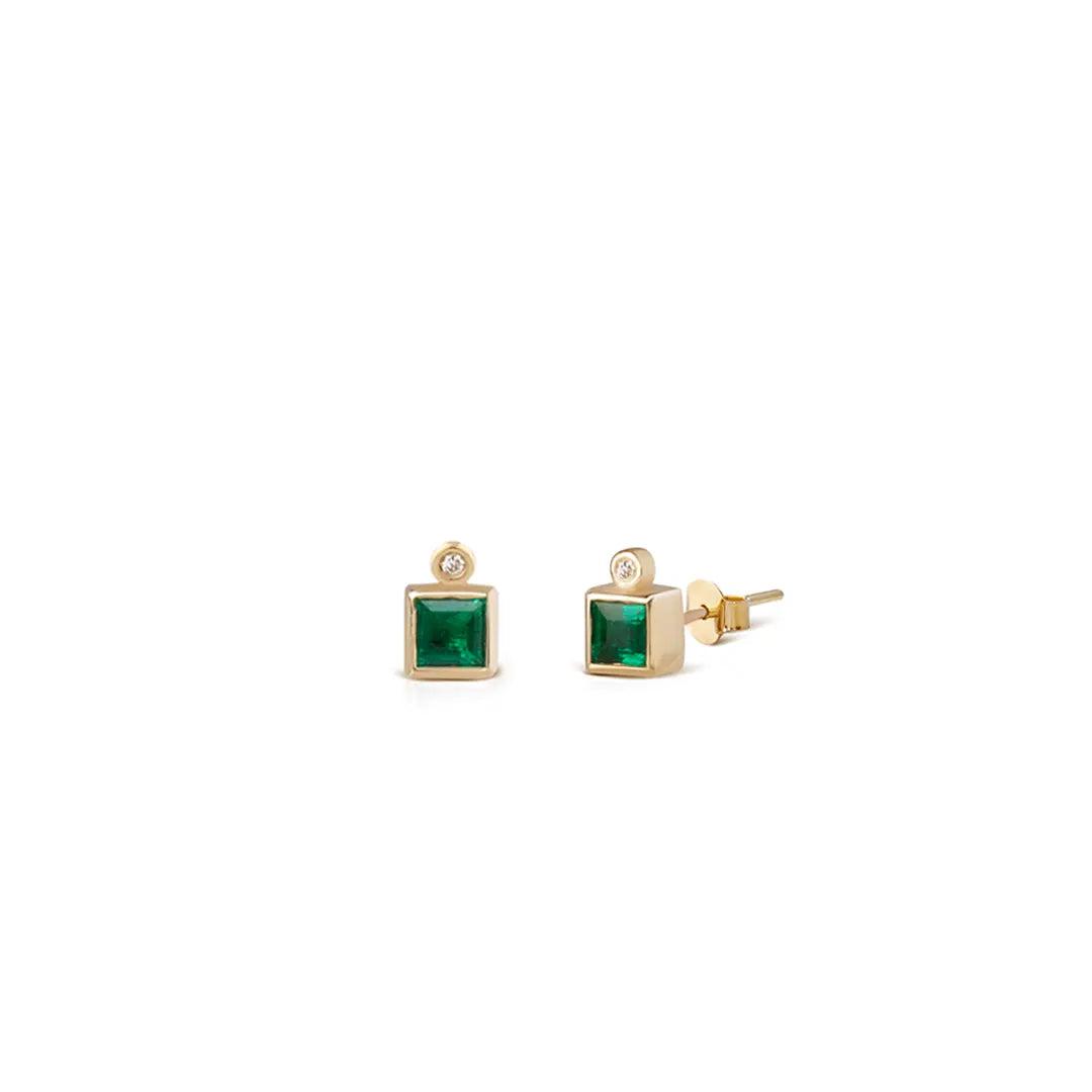 14K Gold Stud Solitair Emerald Princes Cut Earrings with a Tiny Diamond below