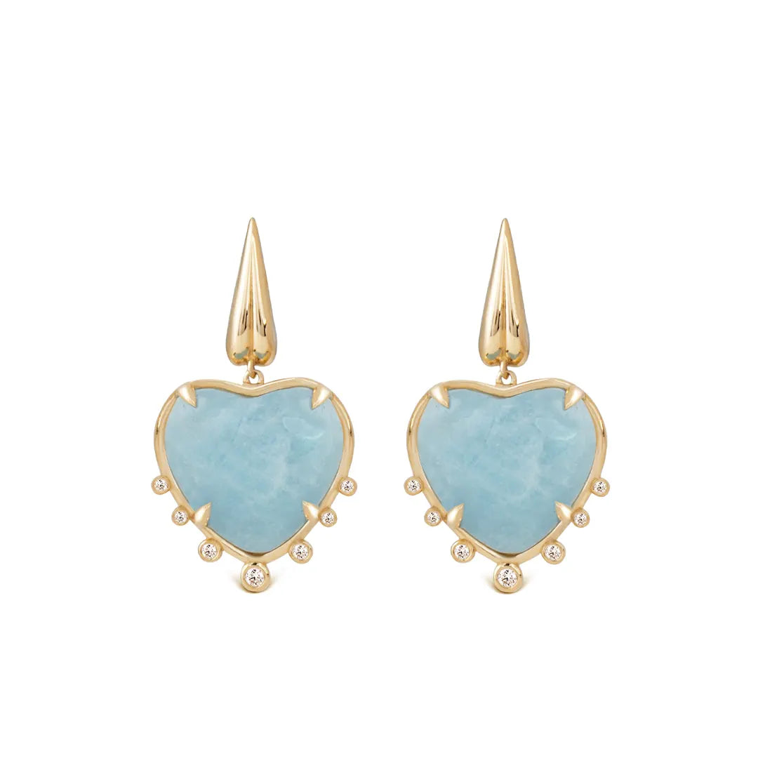 Heart Shaped Aquamarine 14K Gold Earrings with 7 Diamonds