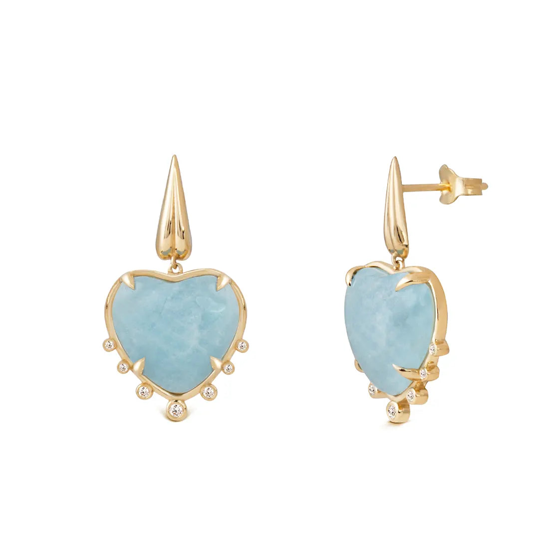 Heart Shaped Aquamarine 14K Gold Earrings with 7 Diamonds