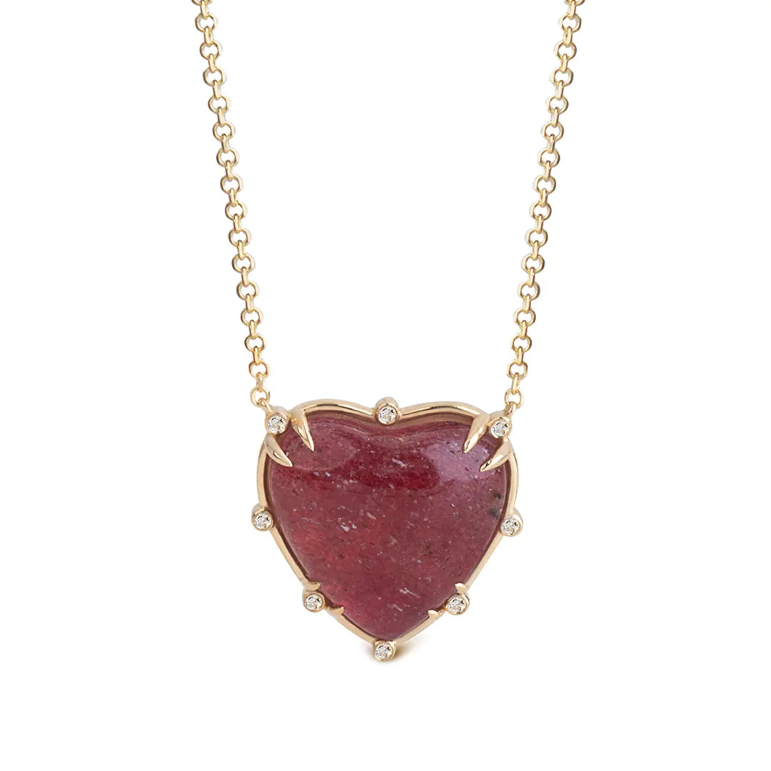 Big Heart Shaped Strawberry 14K Gold Necklace with 8 Diamonds