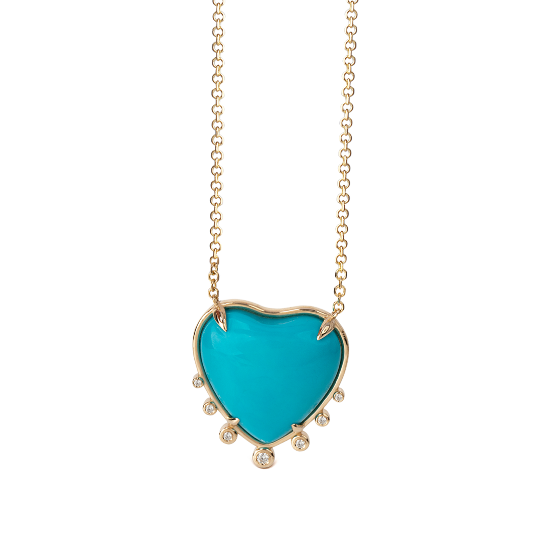 Small Heart Shaped Turquoise 14K Gold Necklace with 7 Diamonds