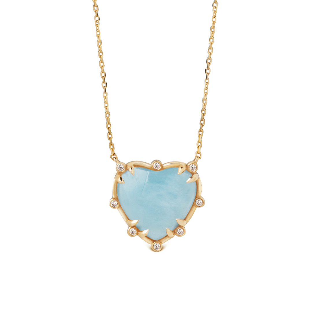 14K Gold Small Heart Shaped Aquamarine Necklace with 8 Diamonds