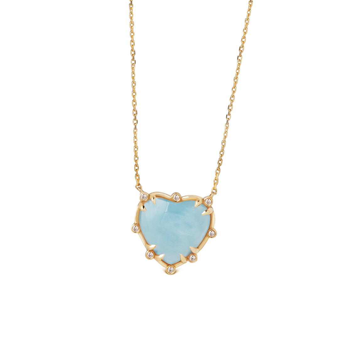 14K Gold Small Heart Shaped Aquamarine Necklace with 8 Diamonds