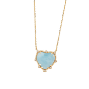 14K Gold Small Heart Shaped Aquamarine Necklace with 8 Diamonds