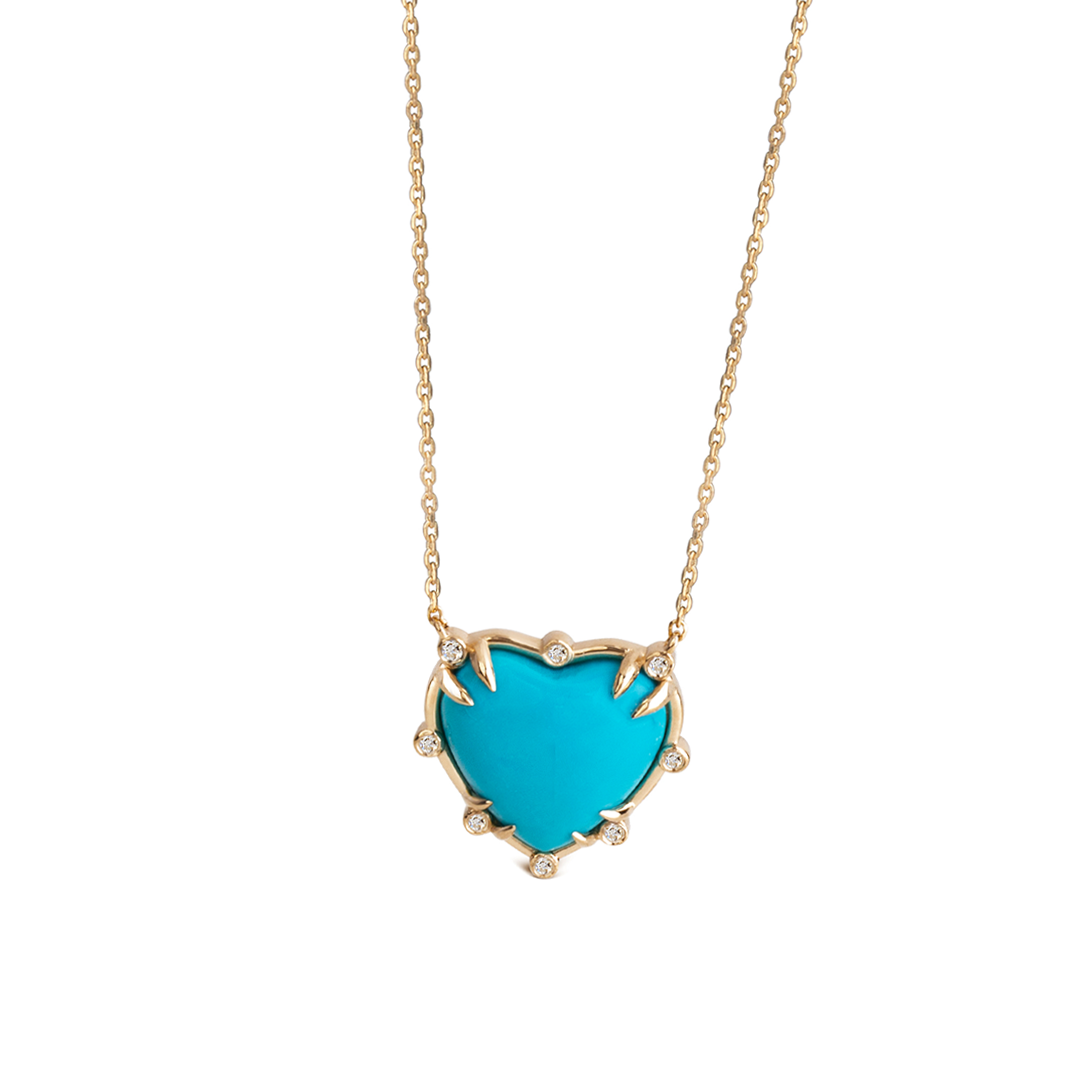 Small Heart Shaped Turquoise 14K Gold Necklace with 8 Diamonds
