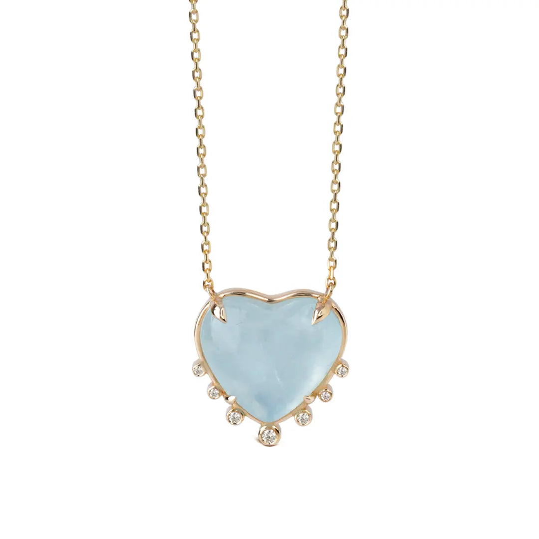 Small Heart Shaped Aquamarine 14K Gold Necklace with 7 Diamonds