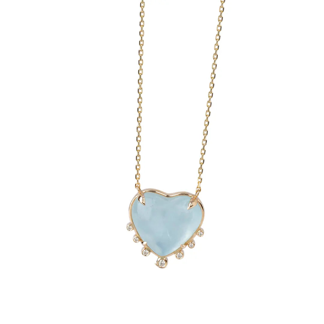 Small Heart Shaped Aquamarine 14K Gold Necklace with 7 Diamonds