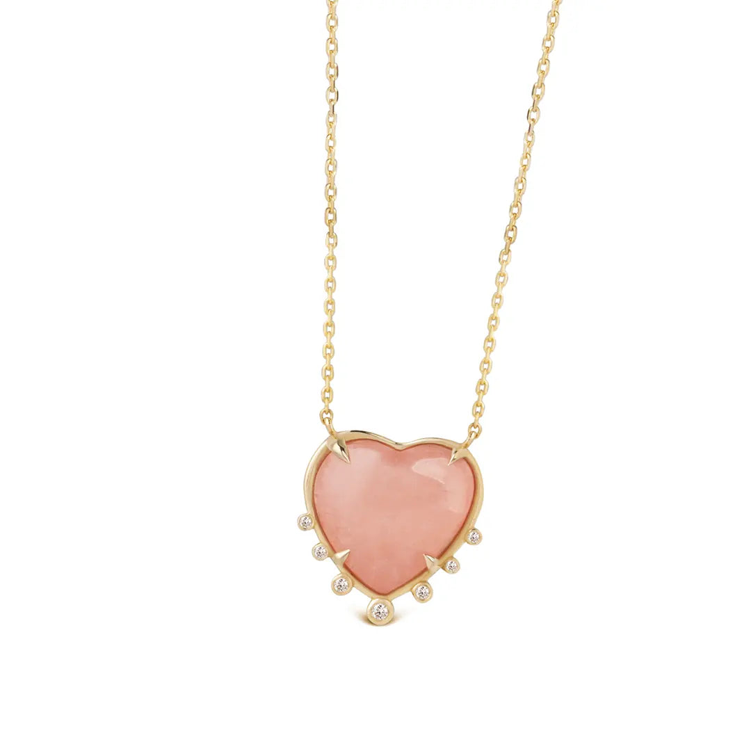 Small Heart Shaped Morganite 14K Gold Necklace with 7 Diamonds