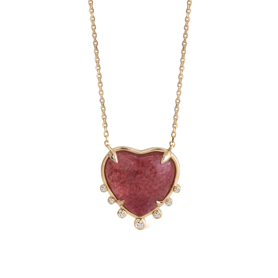 14K Gold Big Heart Shaped Strawberry Necklace with 7 Diamonds