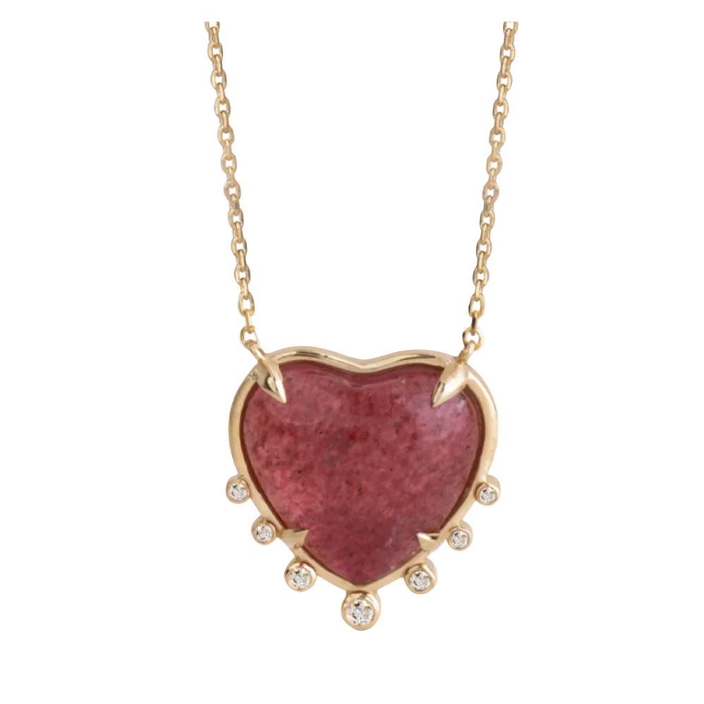 14K Gold Big Heart Shaped Strawberry Necklace with 7 Diamonds
