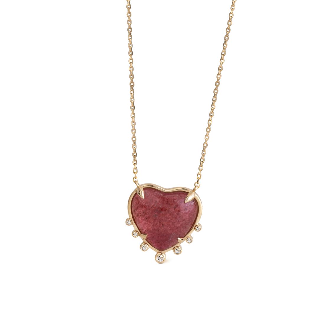 14K Gold Big Heart Shaped Strawberry Necklace with 7 Diamonds