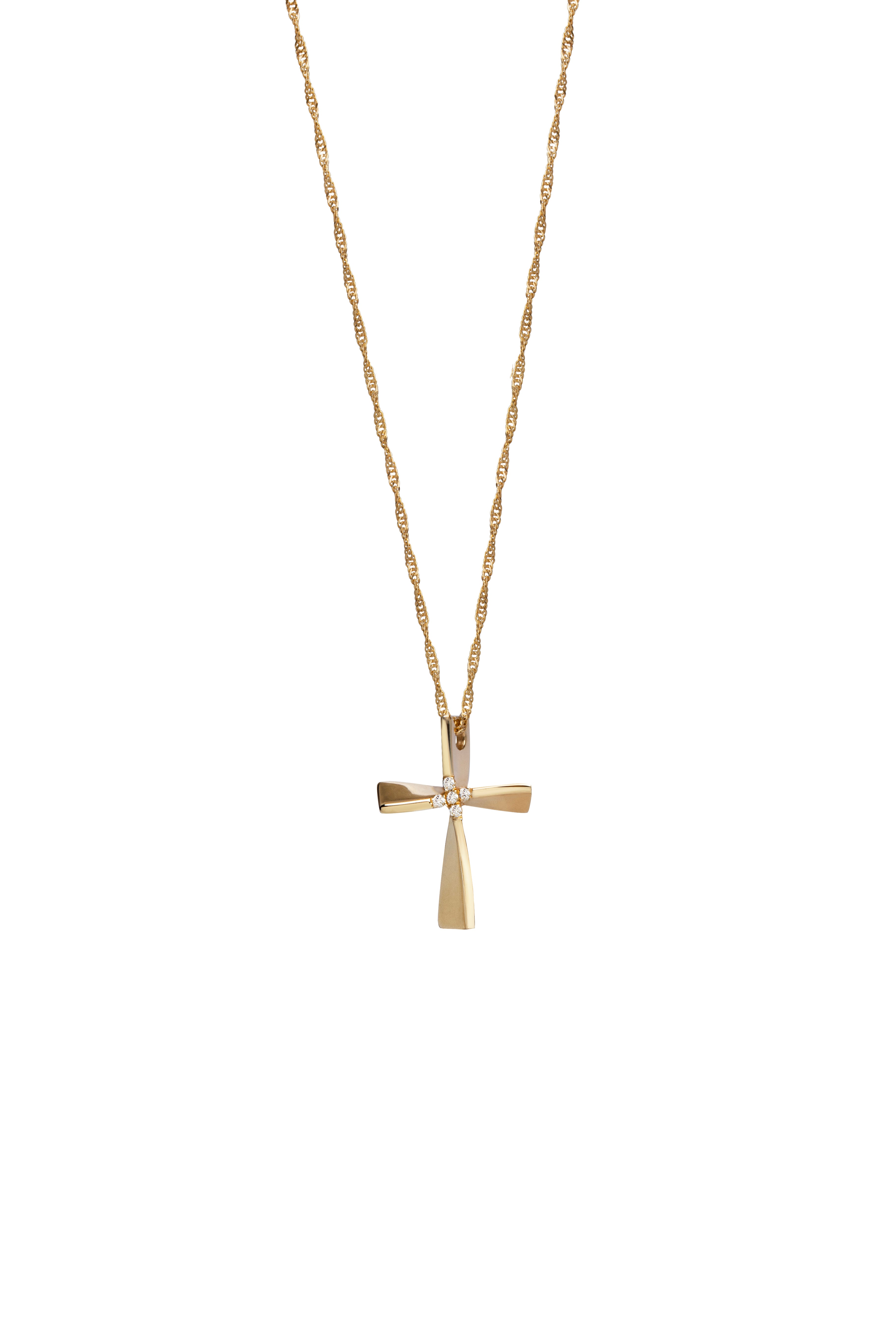 Twisted Gold Cross with 5 Diamonds, Small size