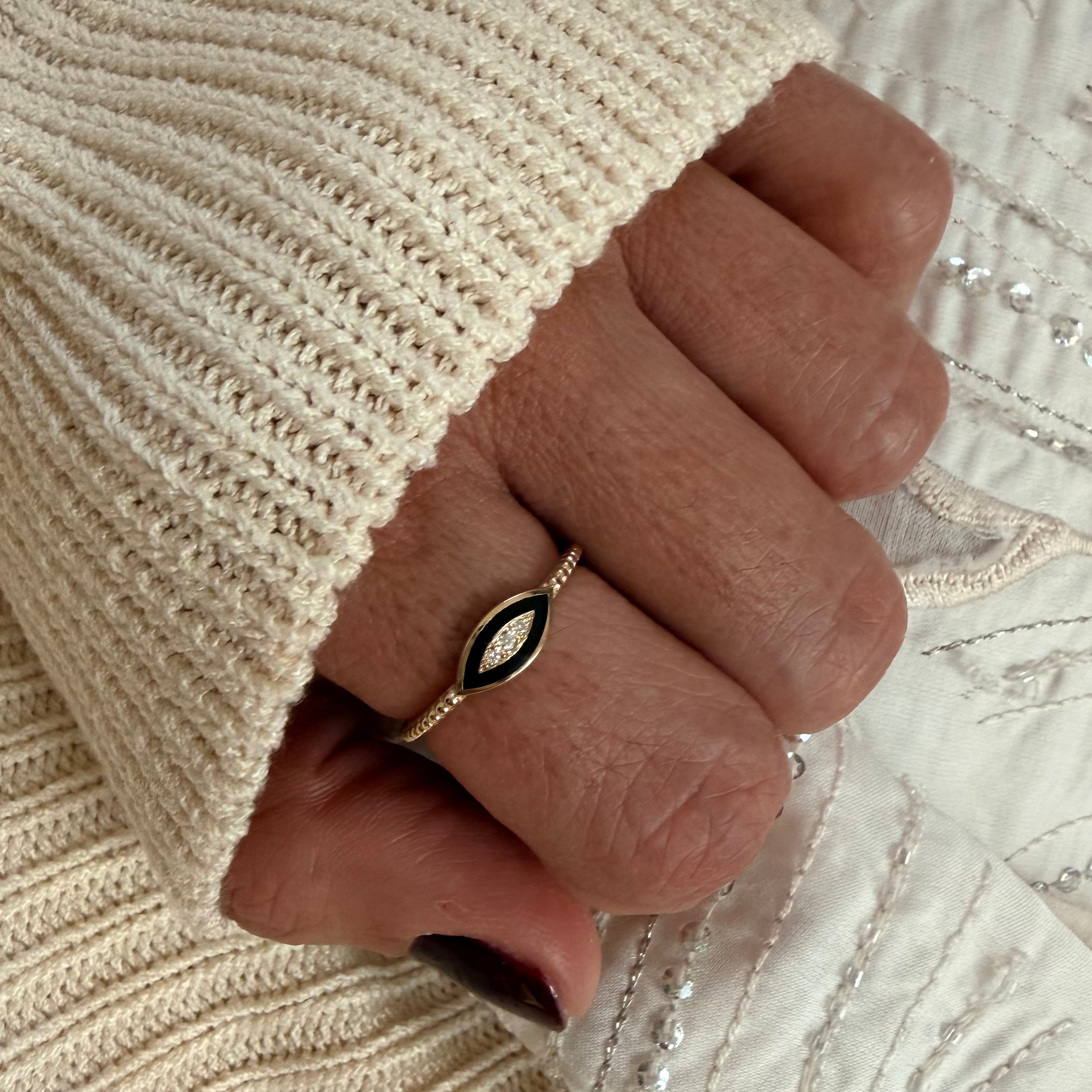 14K Gold Twisted Band Enamel Navette Diamond Ring