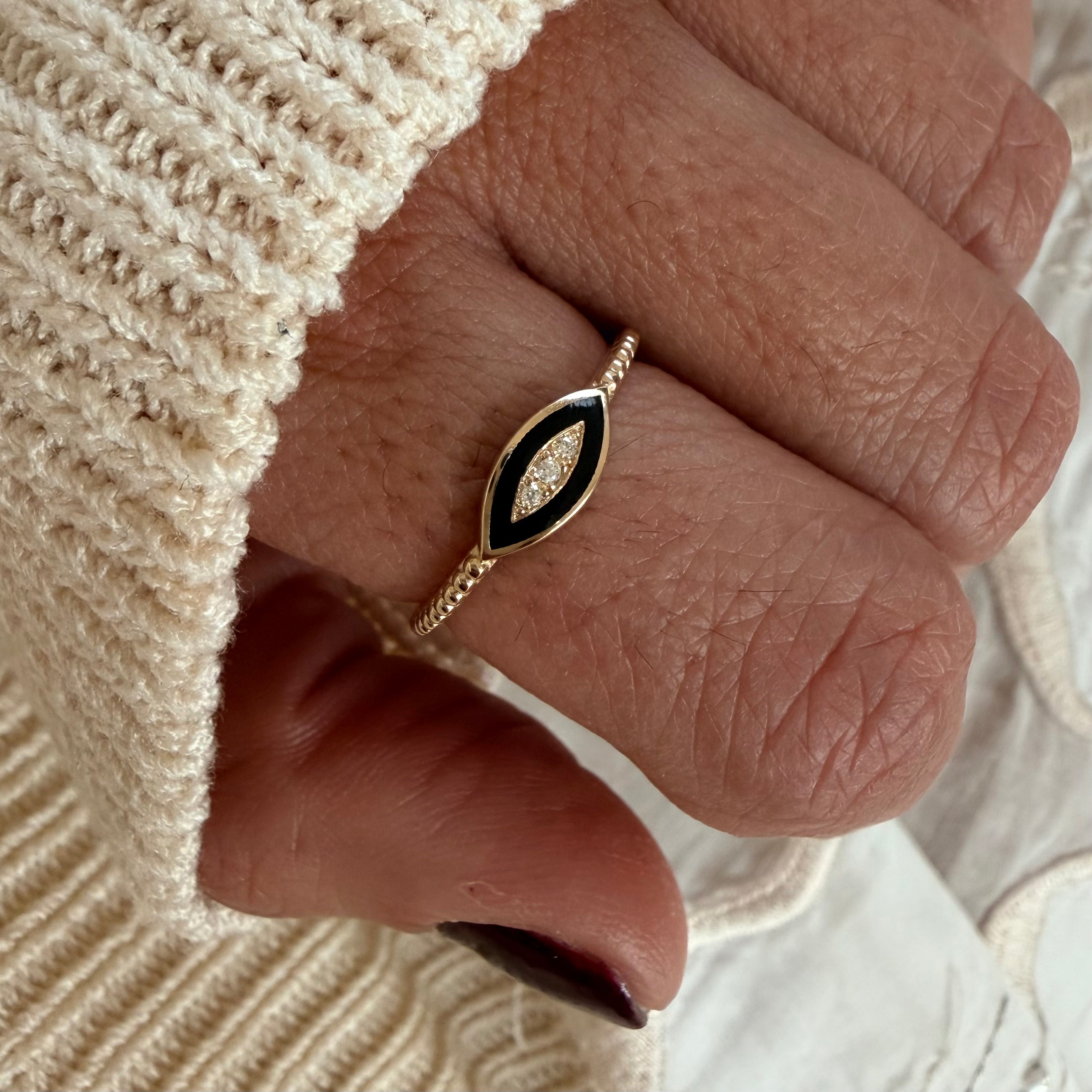 14K Gold Twisted Band Enamel Navette Diamond Ring