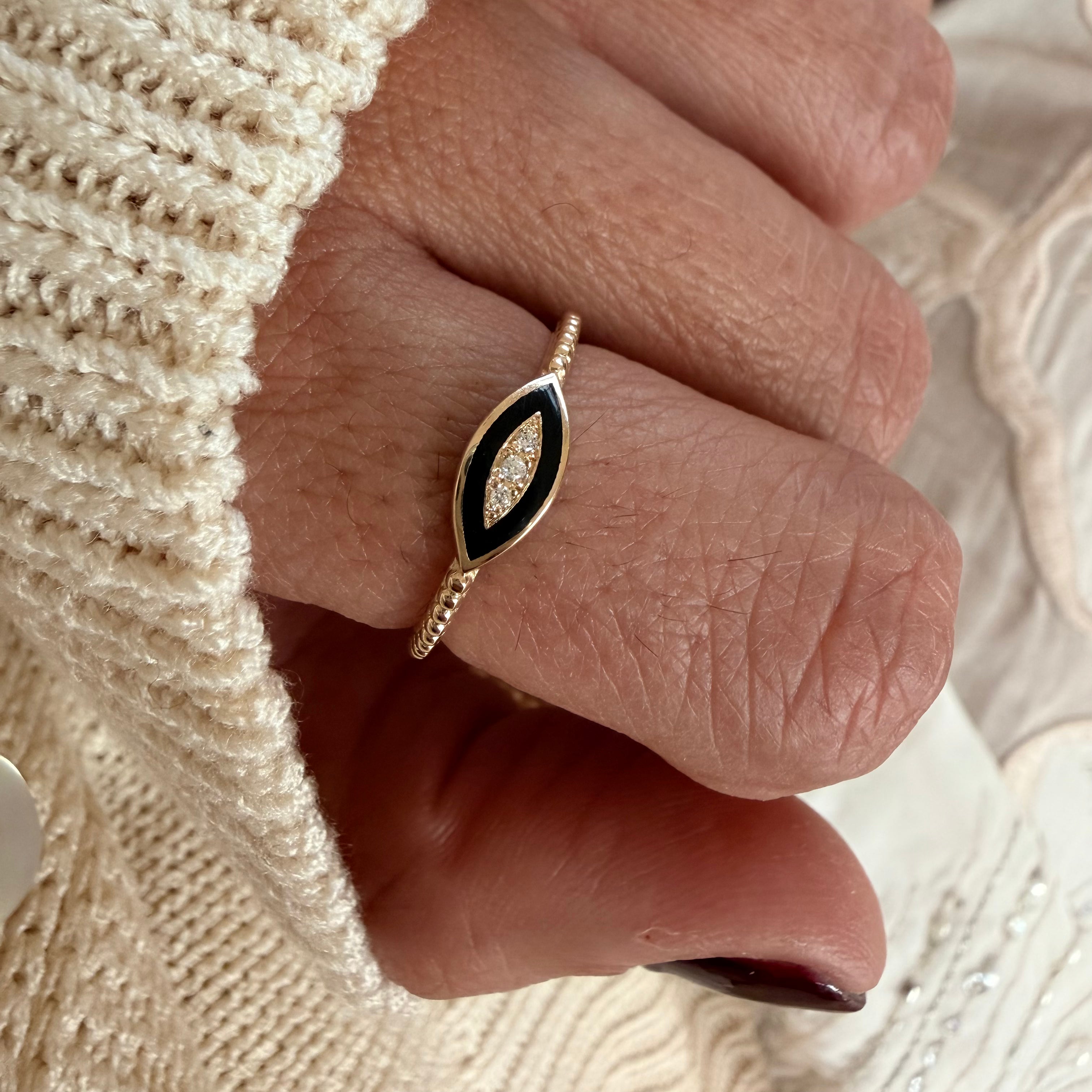14K Gold Twisted Band Enamel Navette Diamond Ring