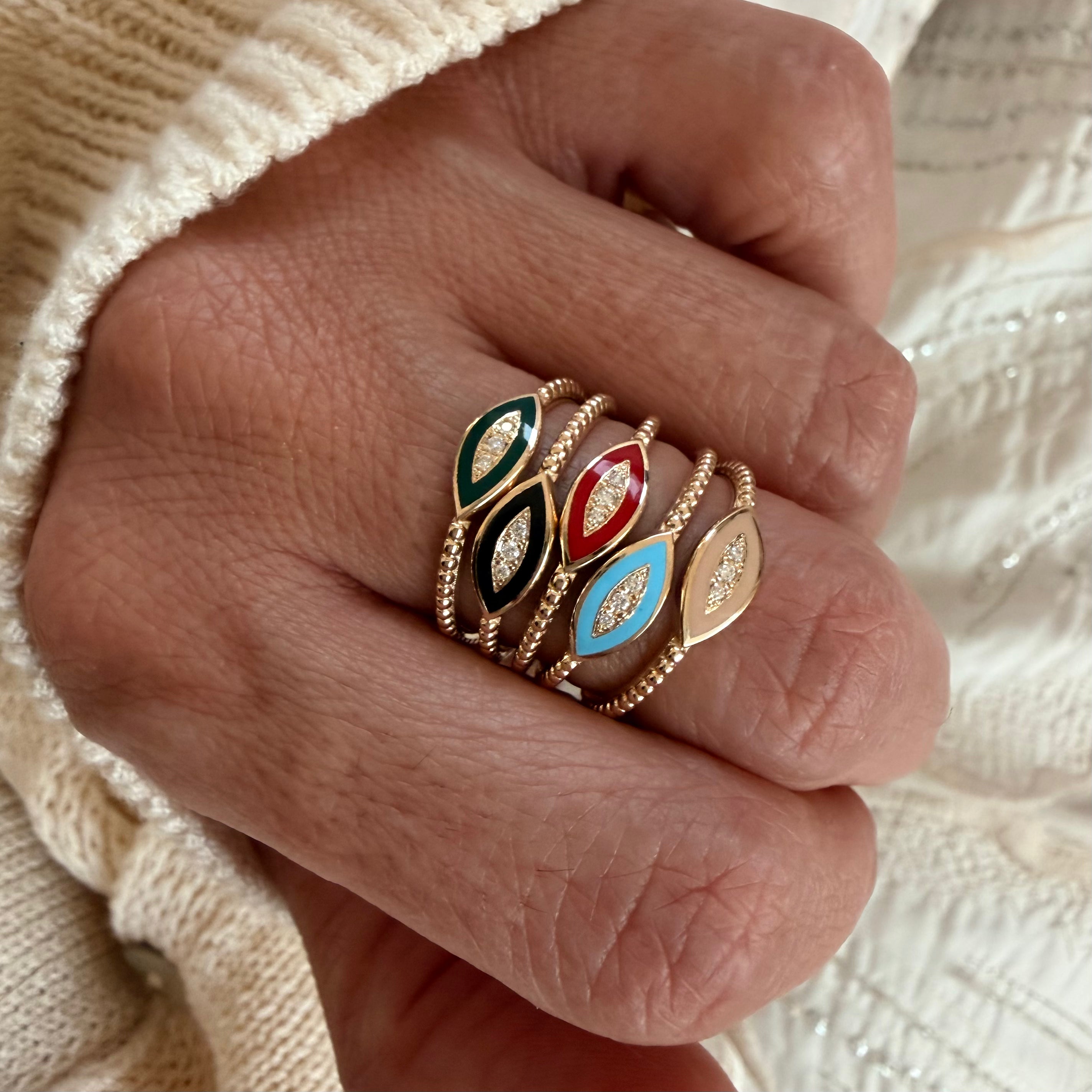 14K Gold Twisted Band Enamel Navette Diamond Ring