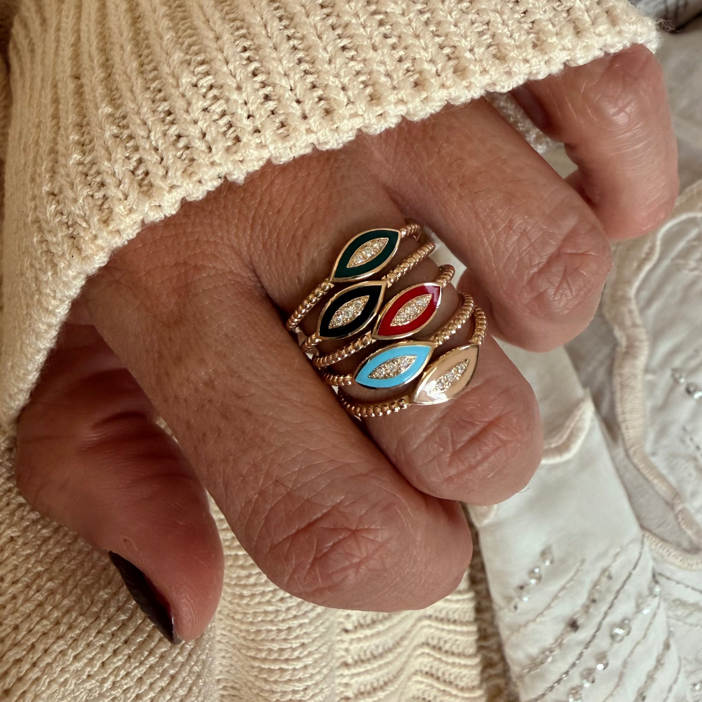 14K Gold Twisted Band Enamel Navette Diamond Ring
