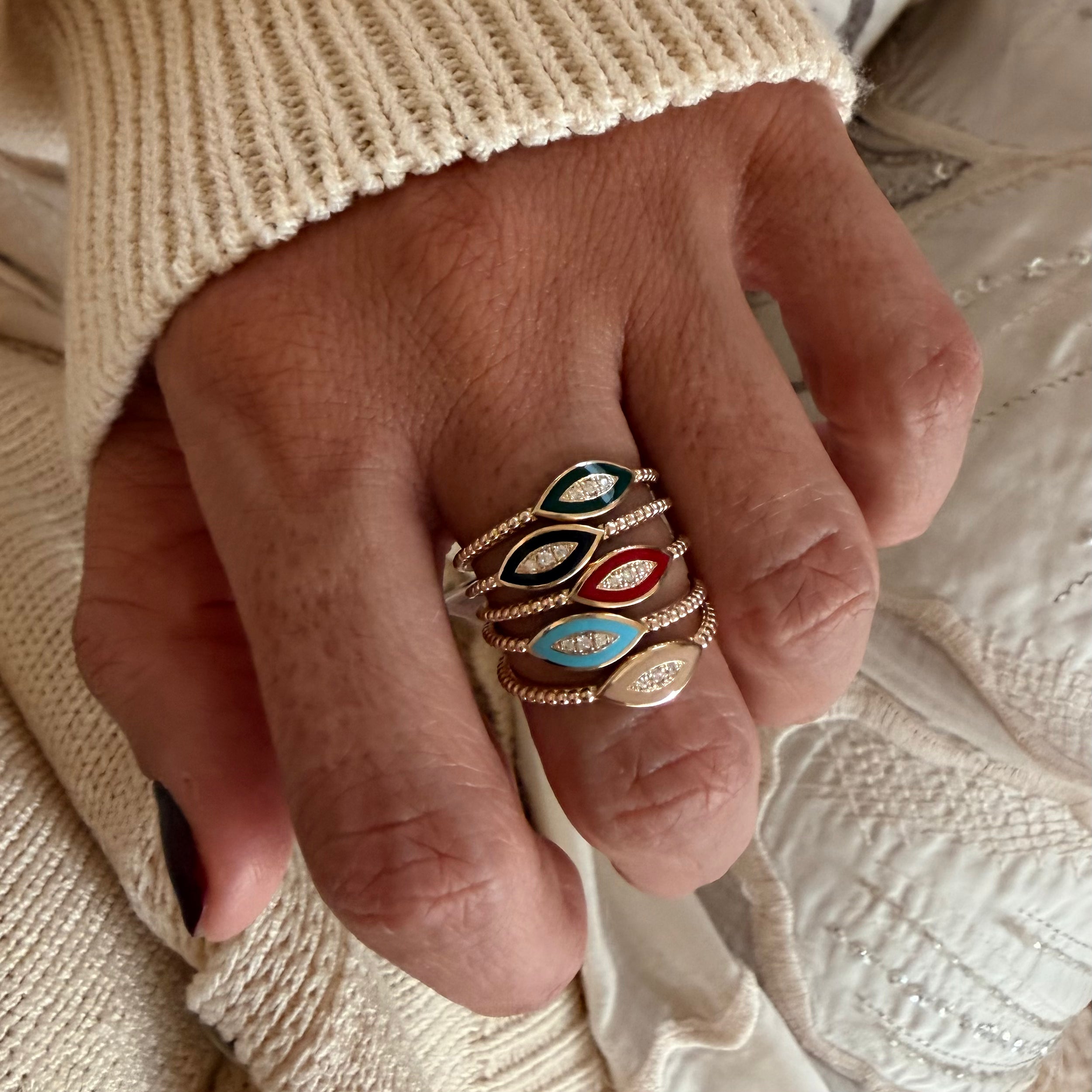 14K Gold Twisted Band Enamel Navette Diamond Ring