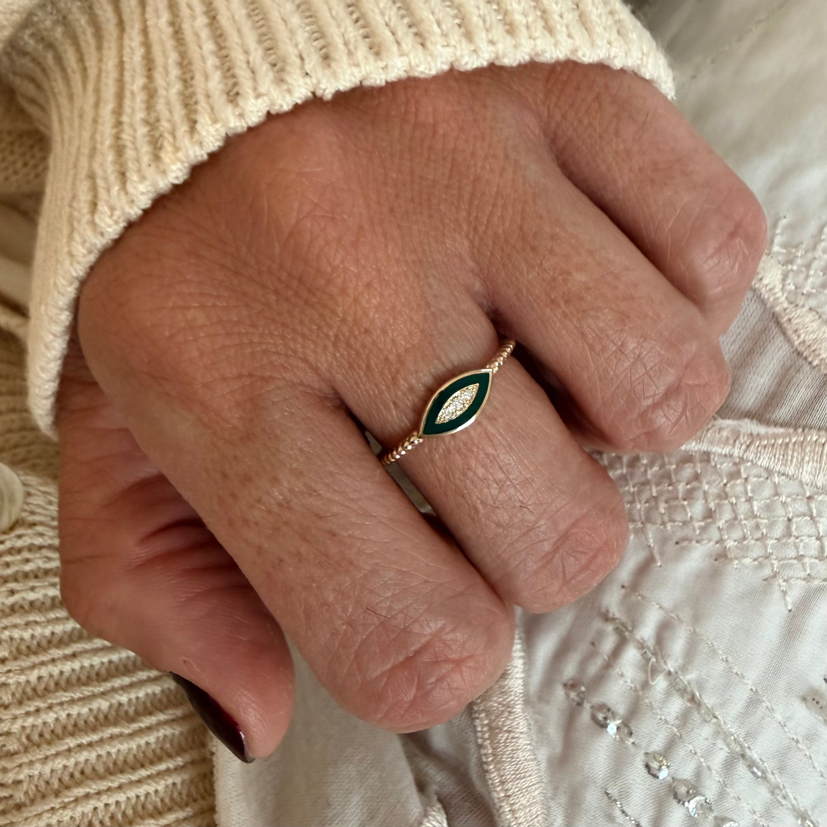 14K Gold Twisted Band Enamel Navette Diamond Ring