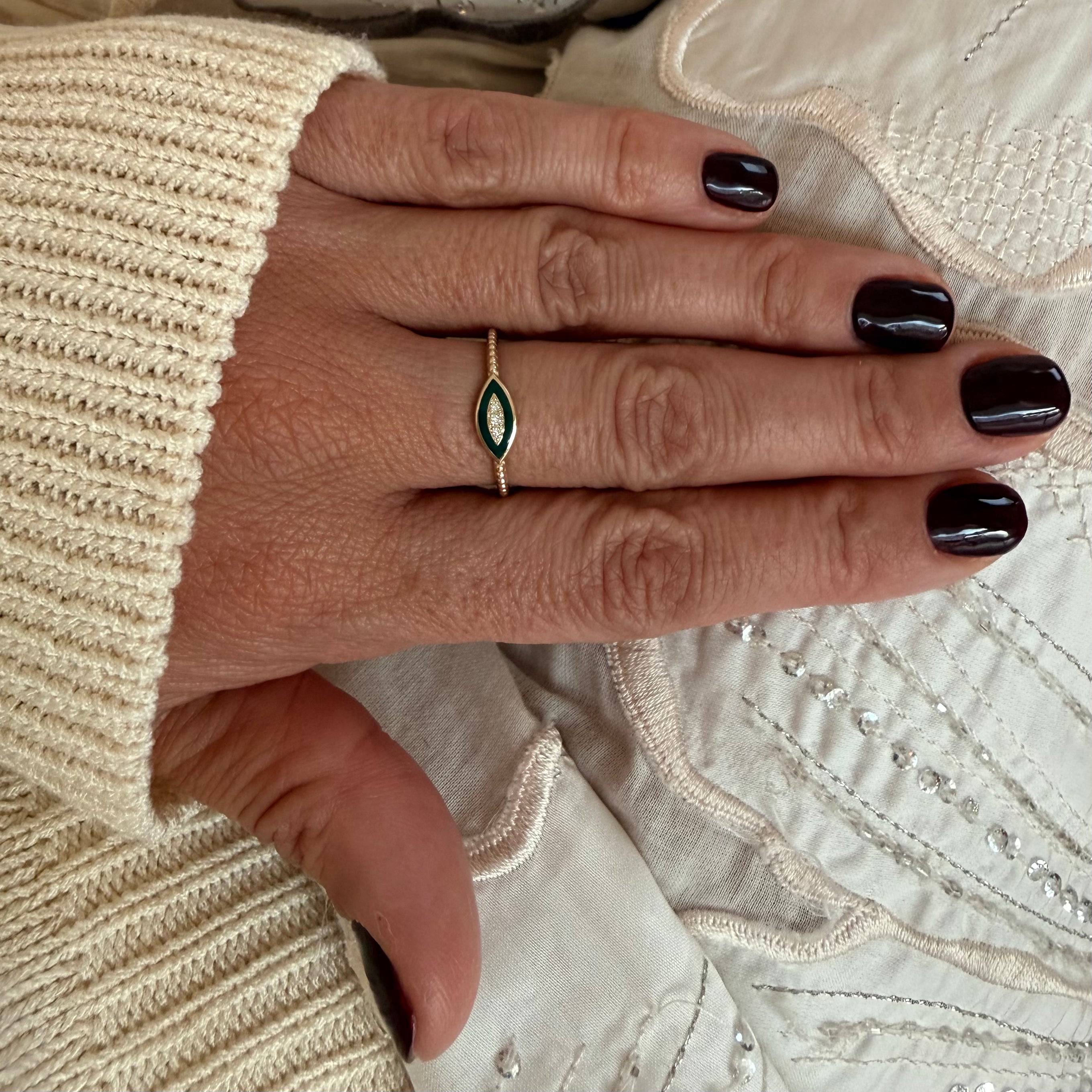 14K Gold Twisted Band Enamel Navette Diamond Ring
