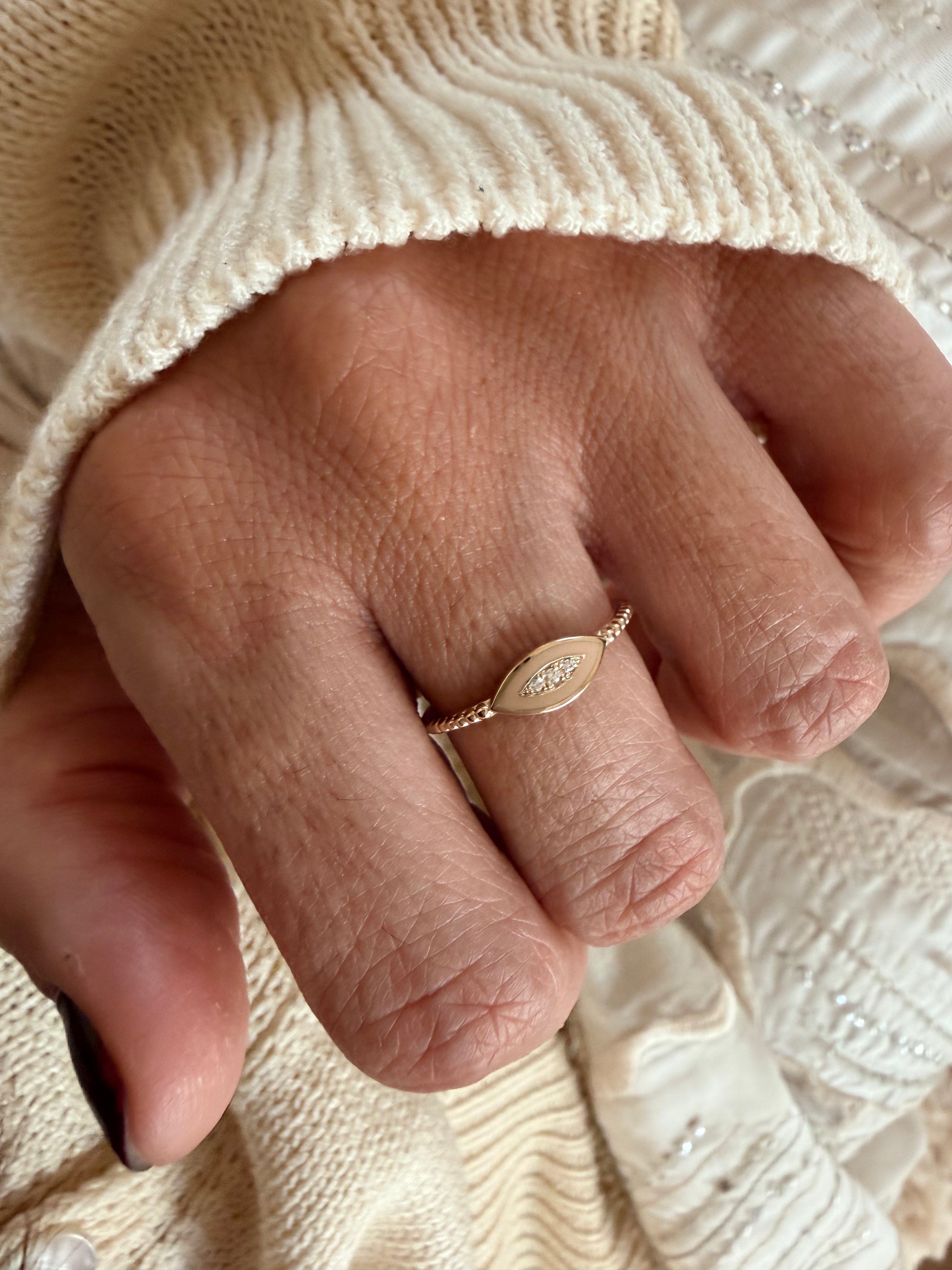 14K Gold Twisted Band Enamel Navette Diamond Ring