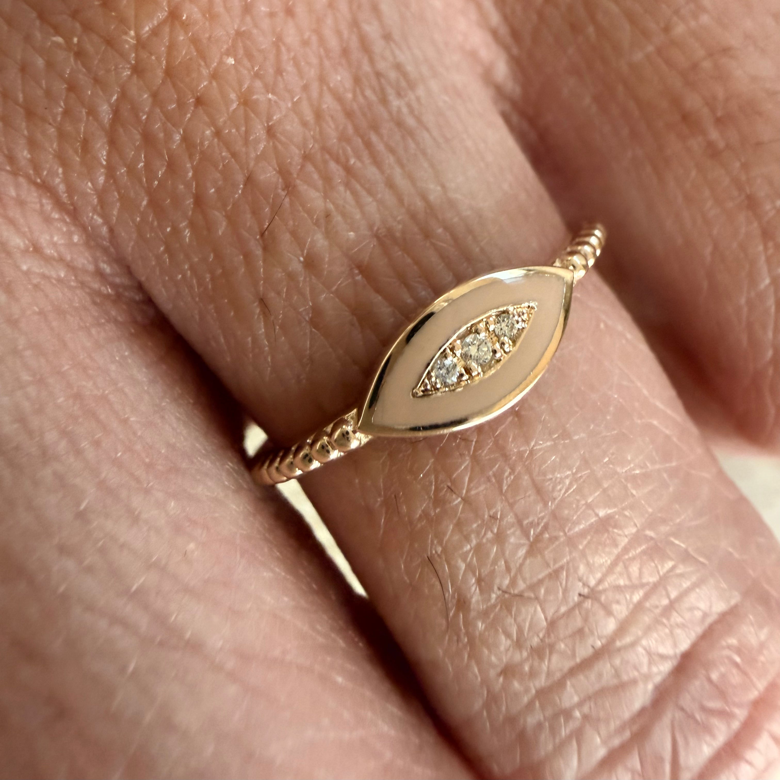 14K Gold Twisted Band Enamel Navette Diamond Ring