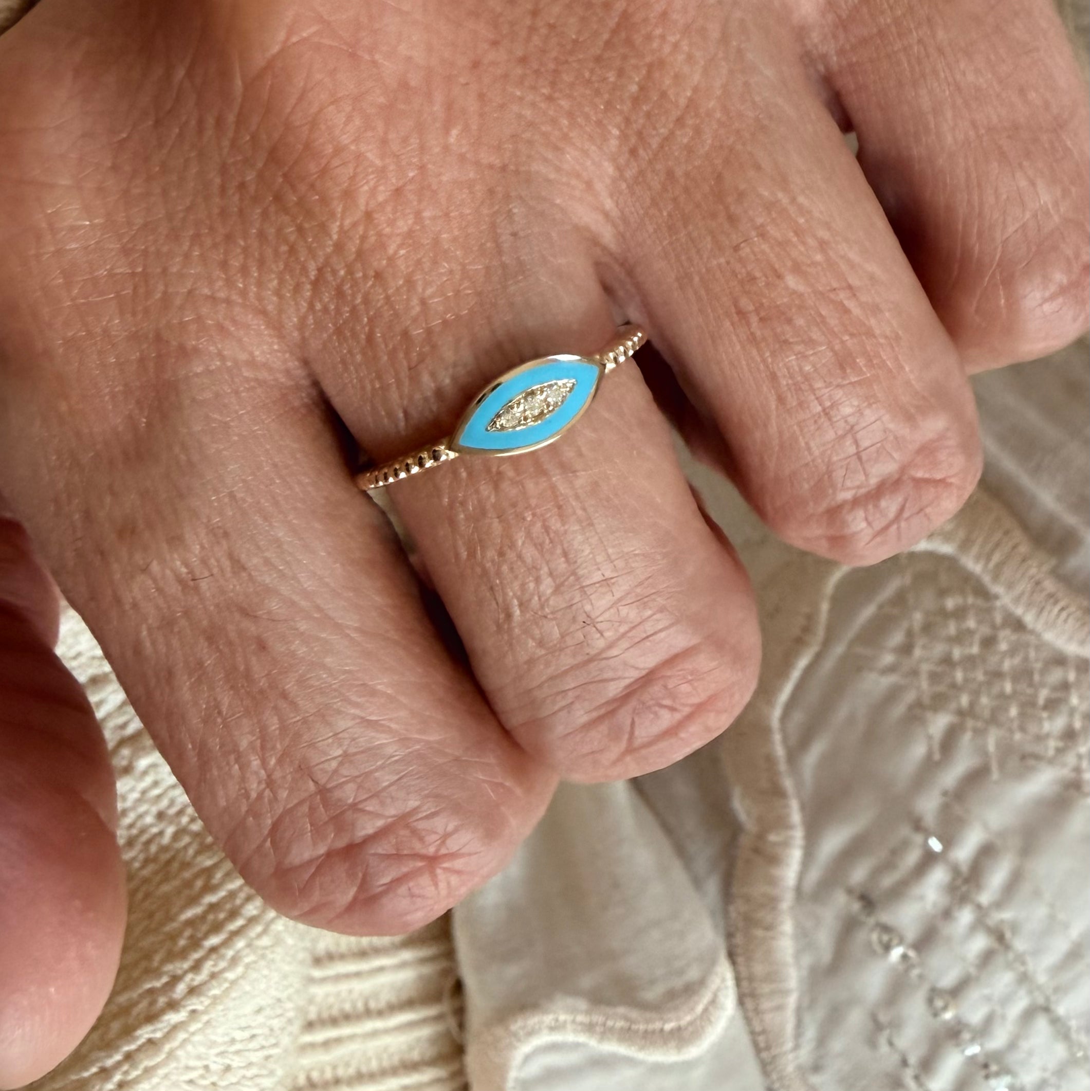 14K Gold Twisted Band Enamel Navette Diamond Ring