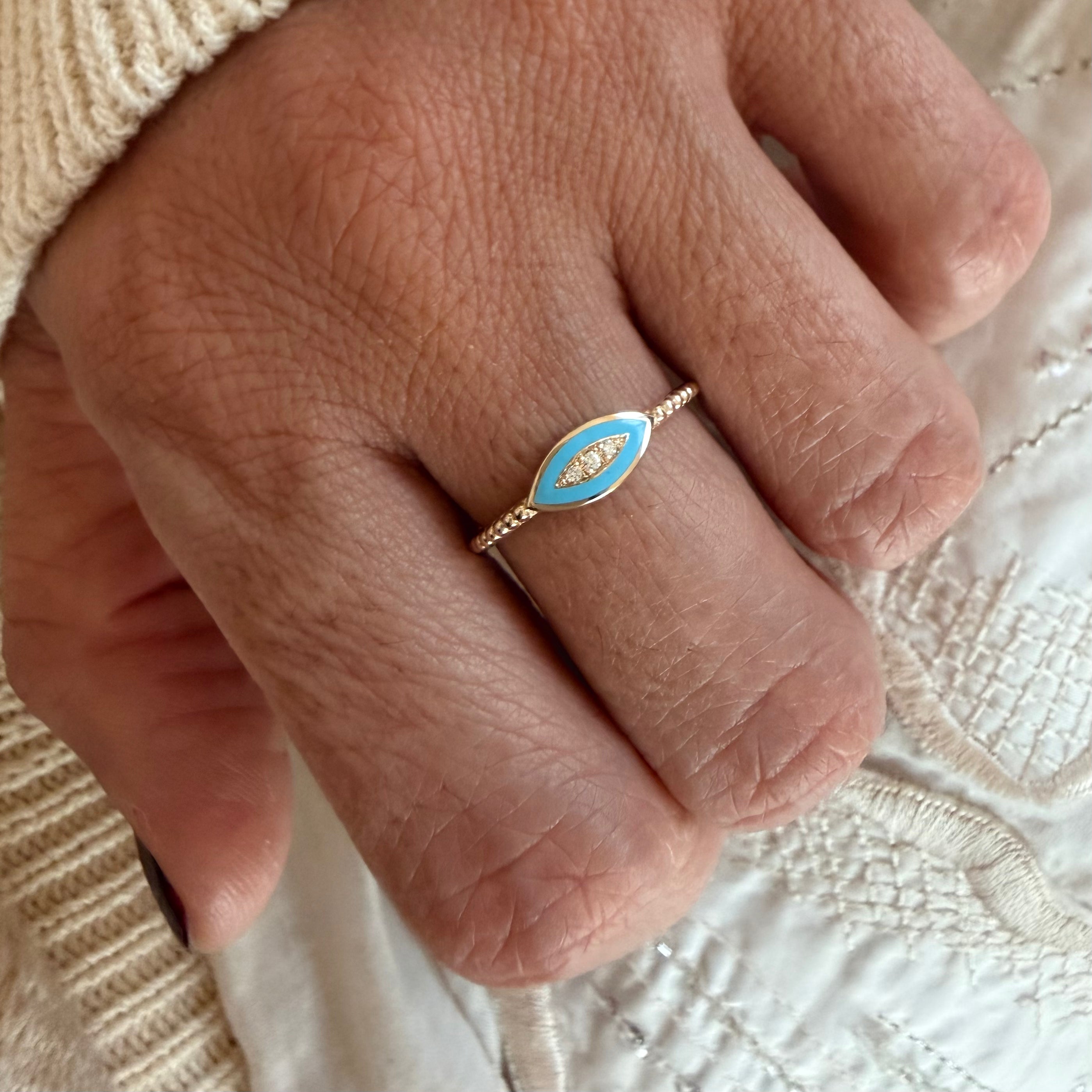 14K Gold Twisted Band Enamel Navette Diamond Ring