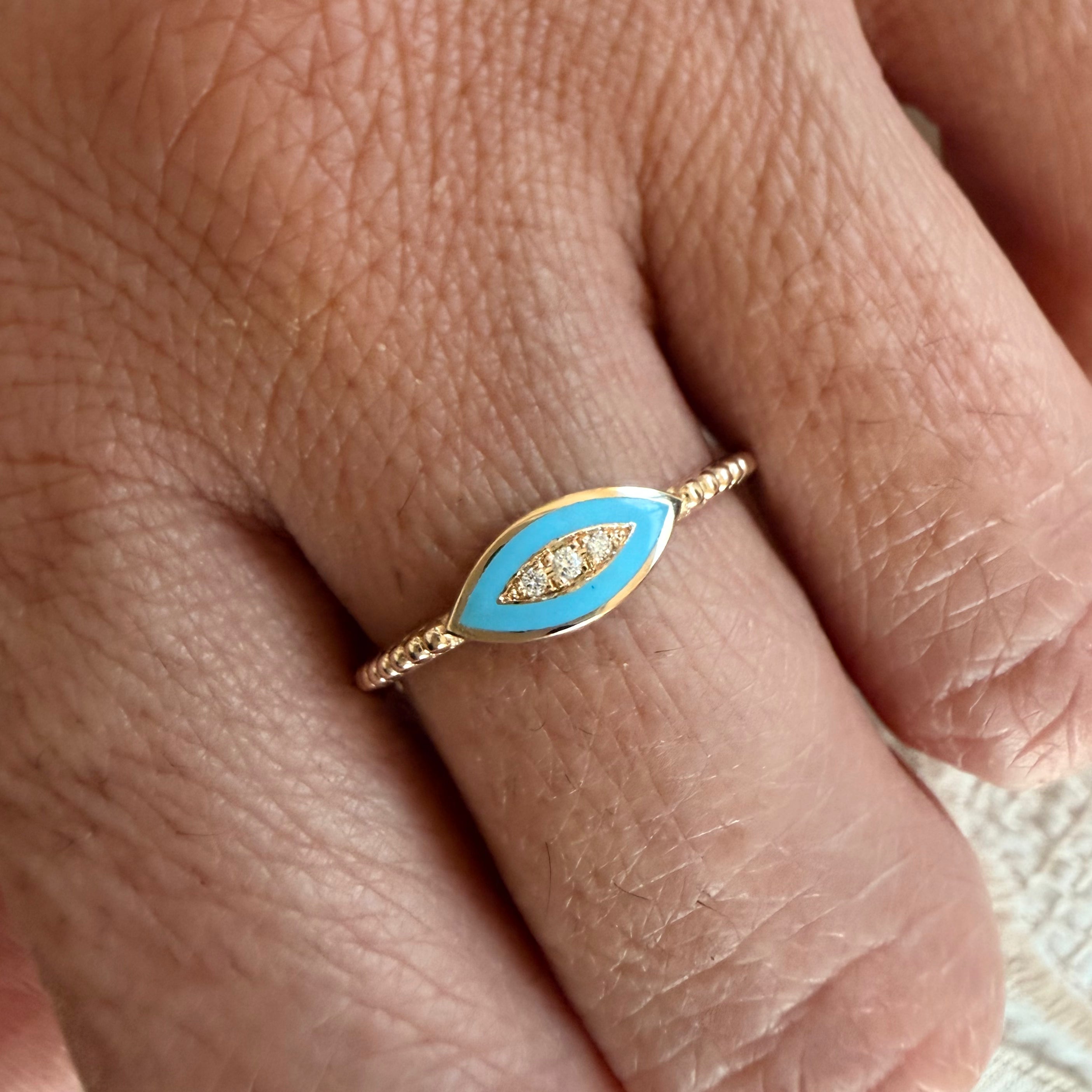 14K Gold Twisted Band Enamel Navette Diamond Ring