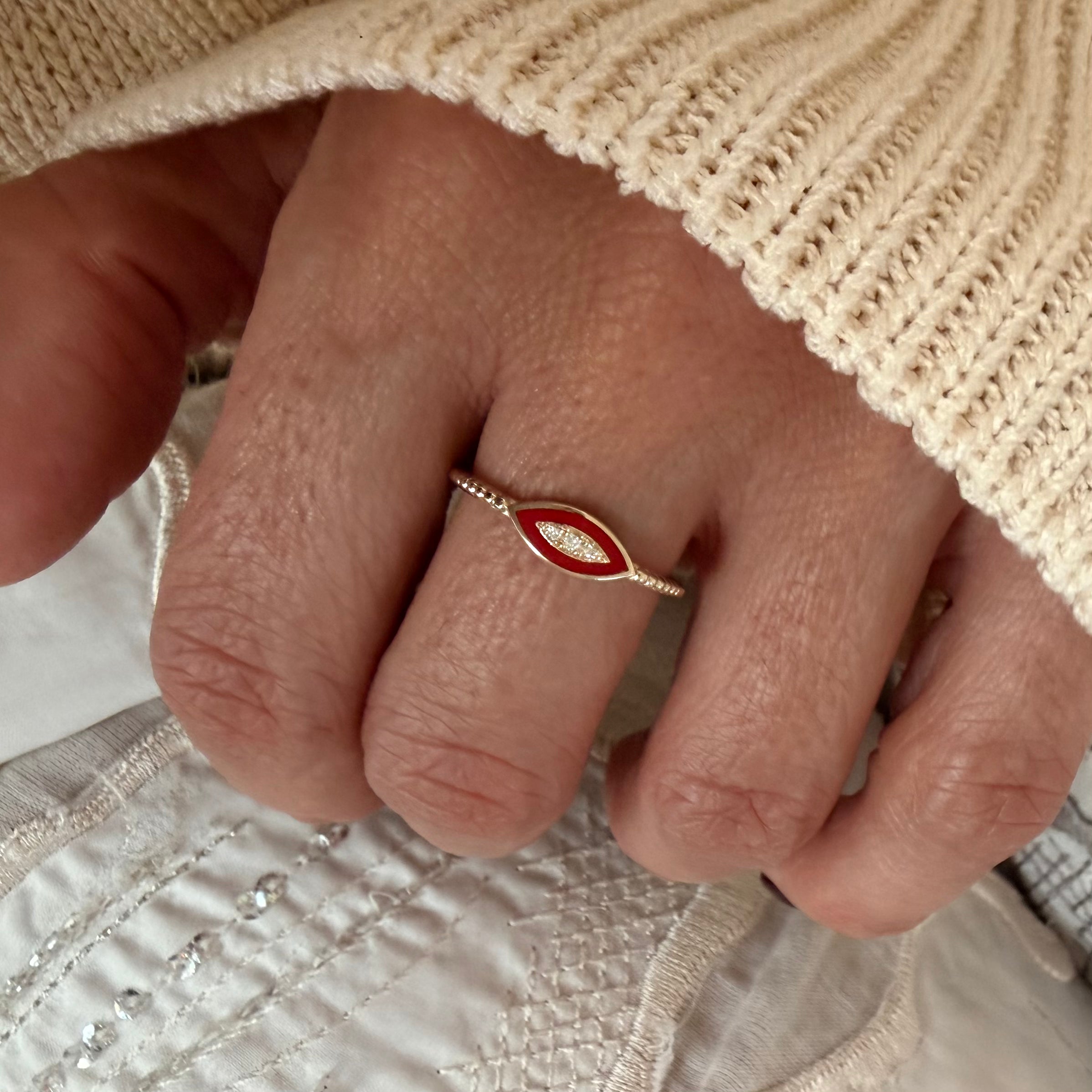 14K Gold Twisted Band Enamel Navette Diamond Ring