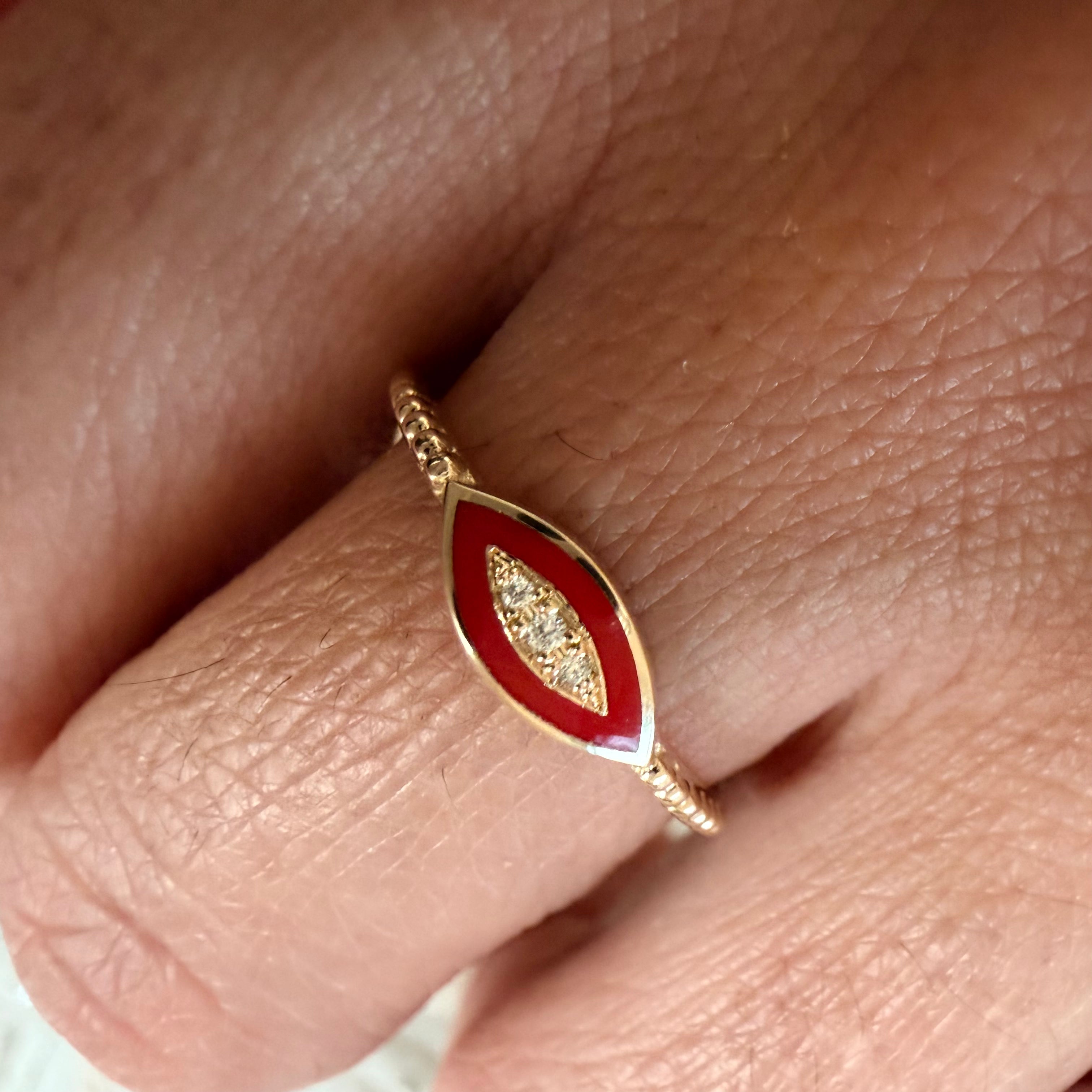 14K Gold Twisted Band Enamel Navette Diamond Ring