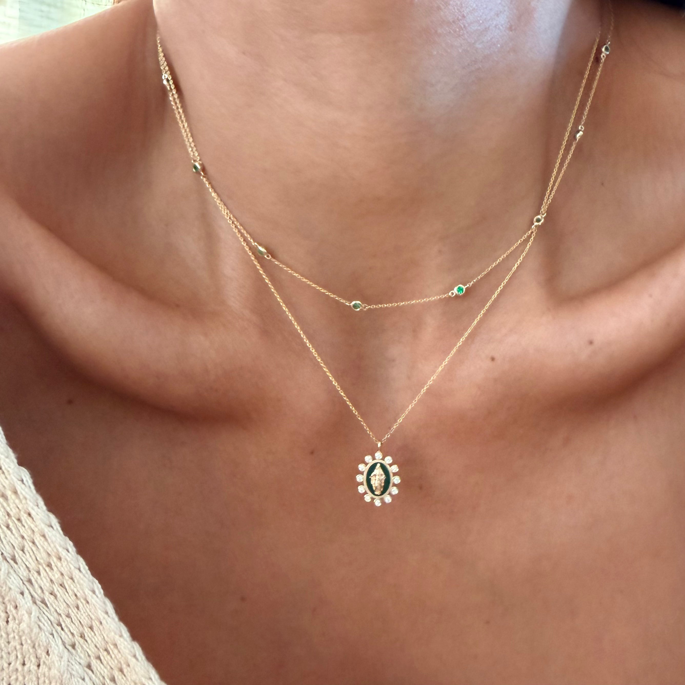 14K Gold Beaded Emerald Chain Necklace