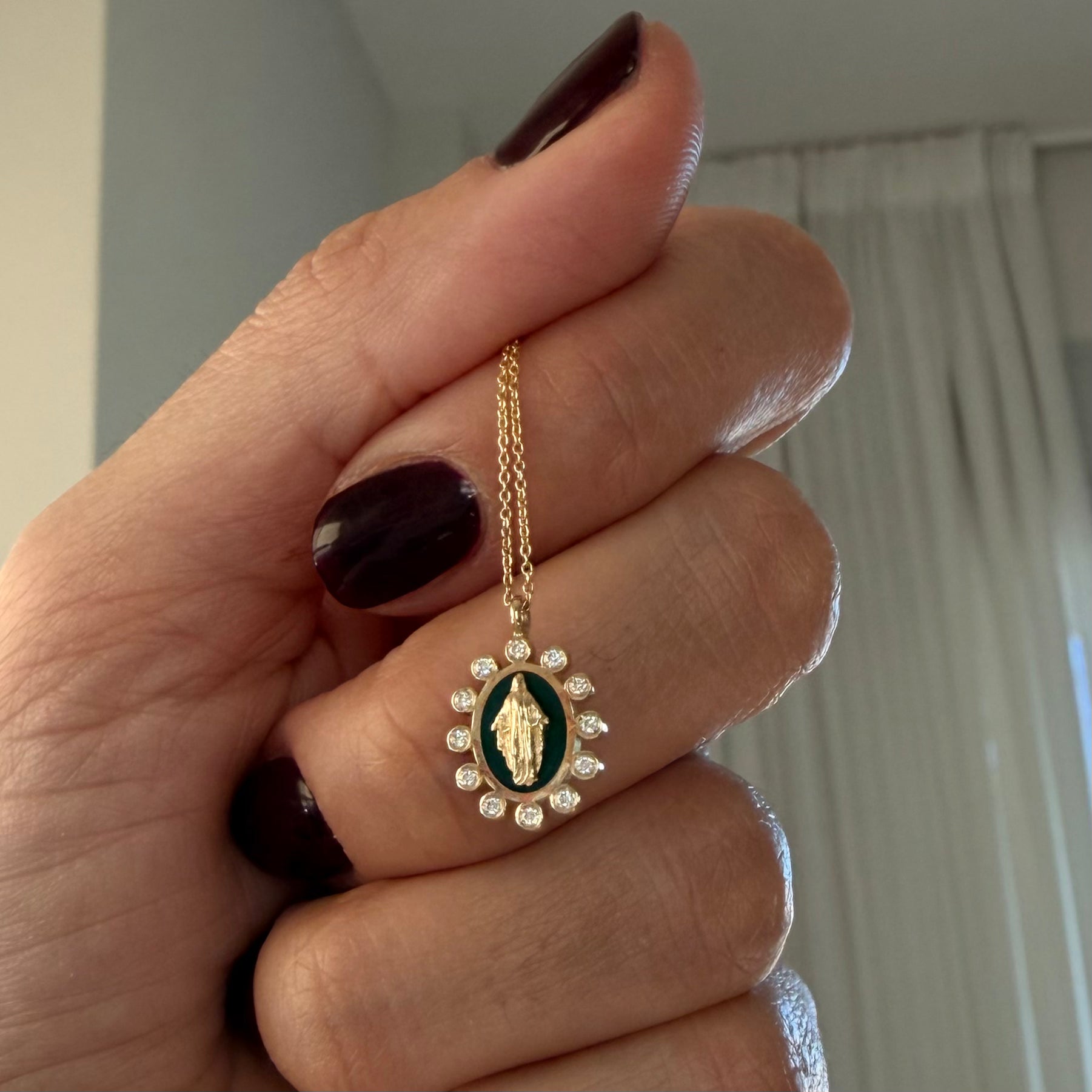 14K Gold Enamel Virgin Mary Pendant with Diamonds