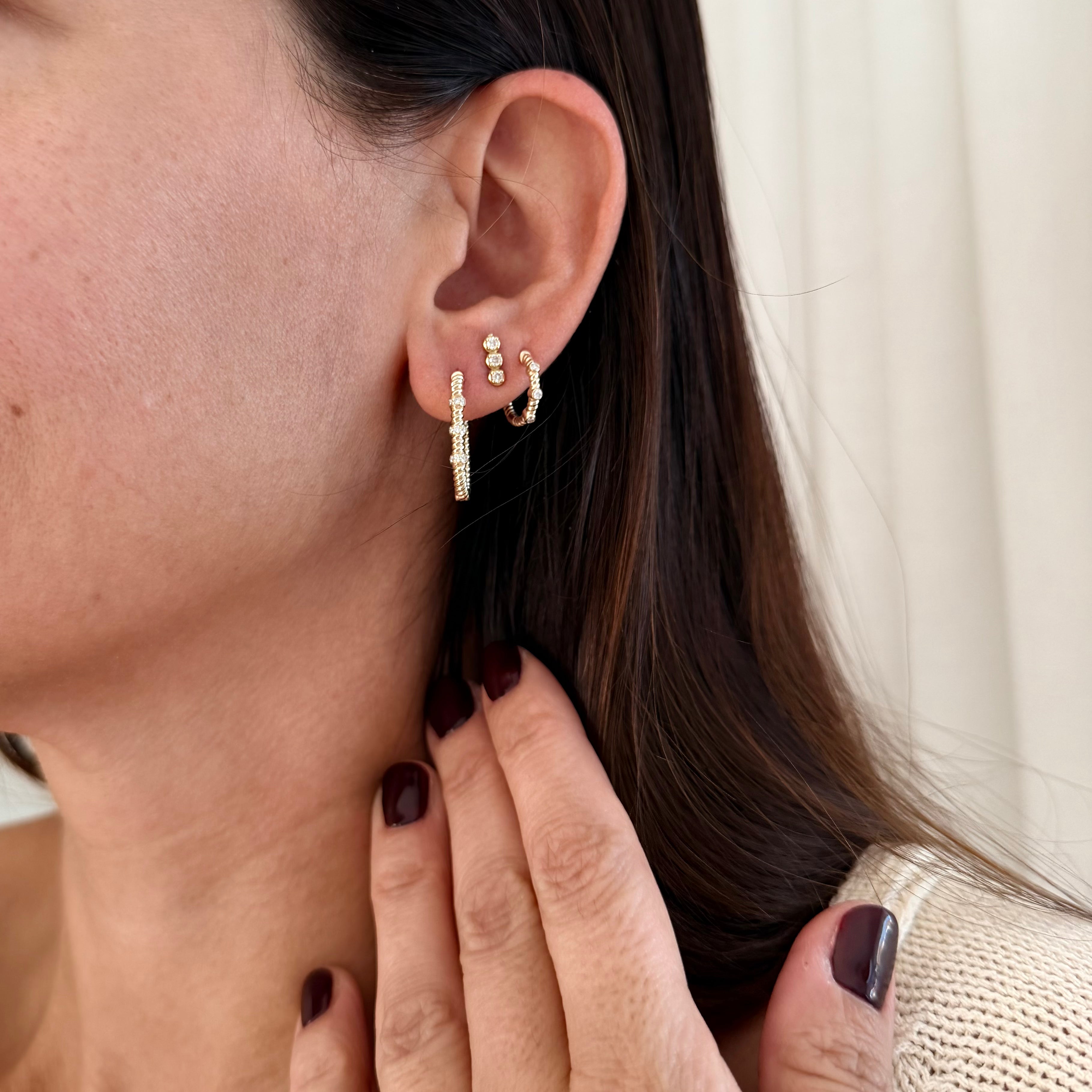 14K Gold Oval Twisted Earrings with Diamonds