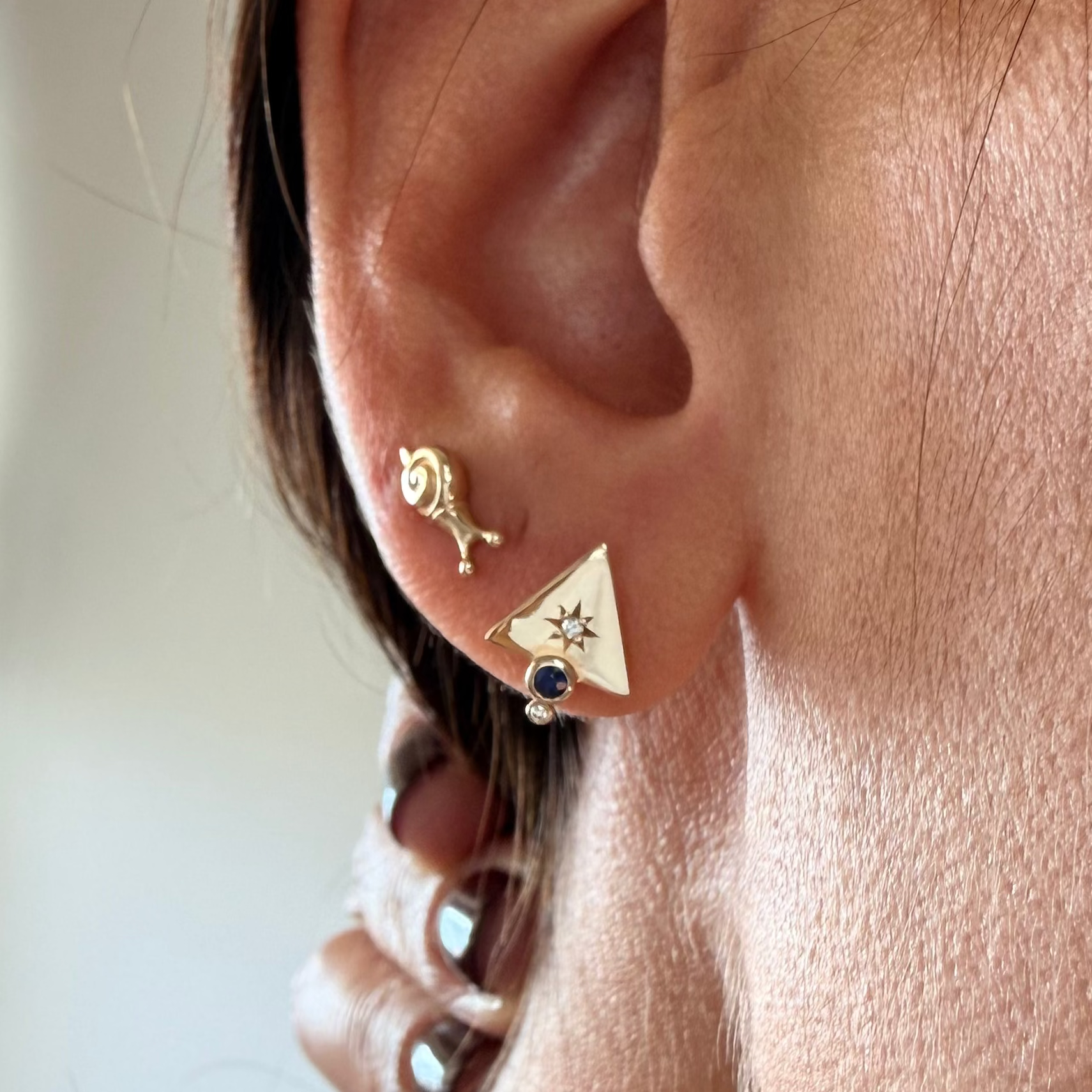 14K Gold Triangle Stud Earrings with Diamonds & Sapphire