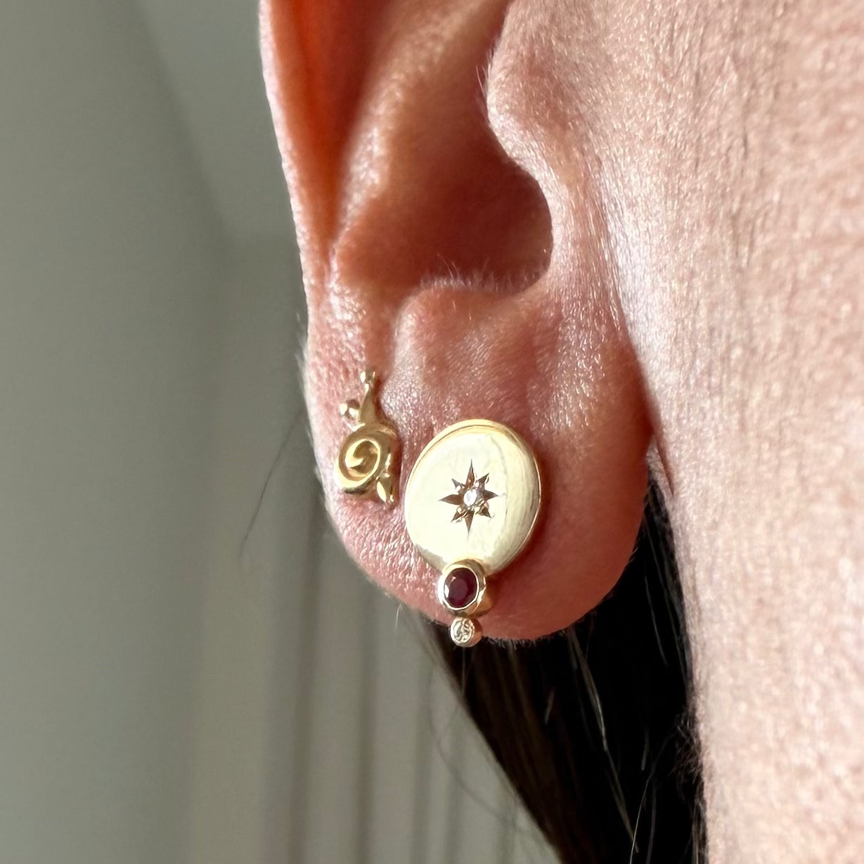 14K Gold Circle Stud Earrings with Diamonds & Ruby