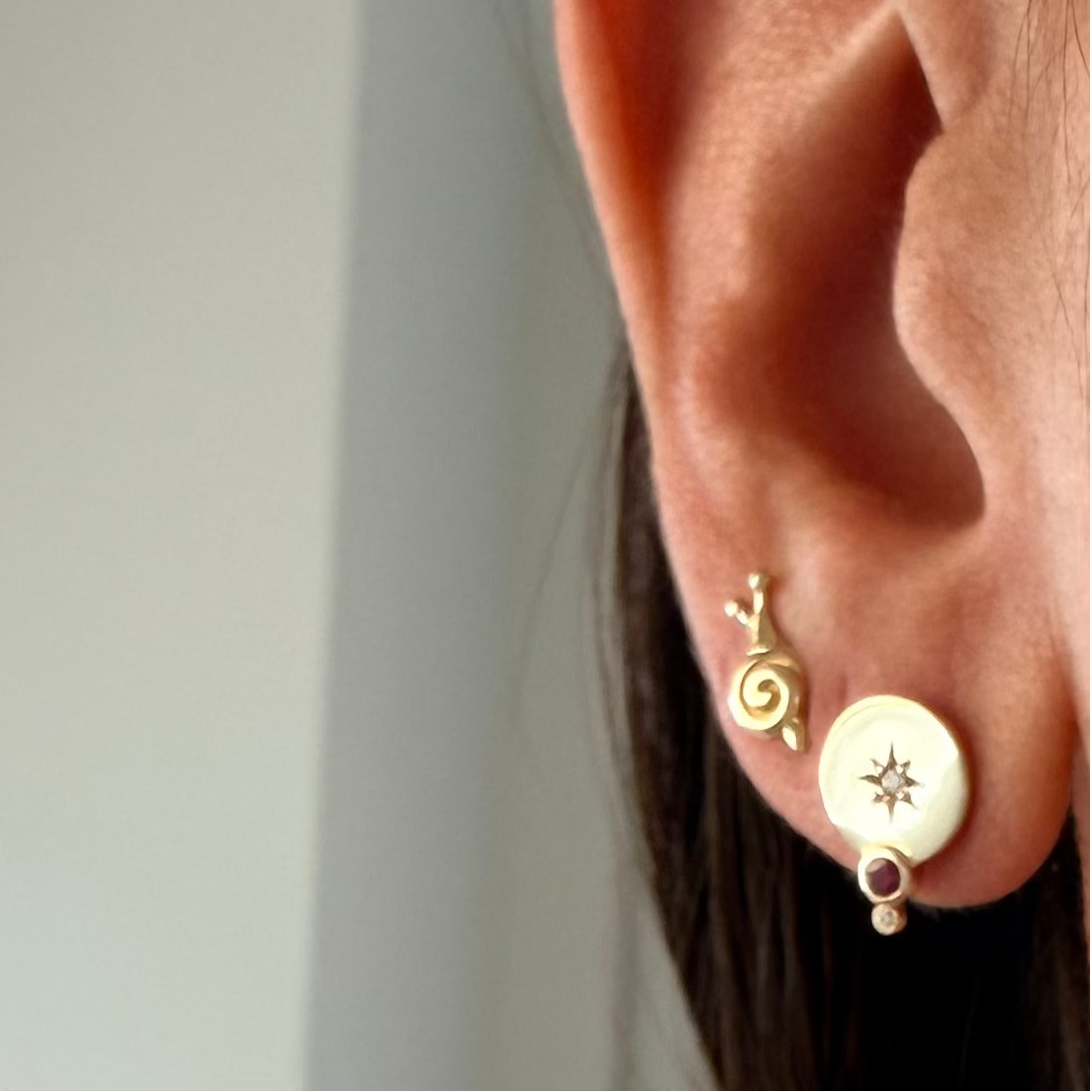 14K Gold Circle Stud Earrings with Diamonds & Ruby