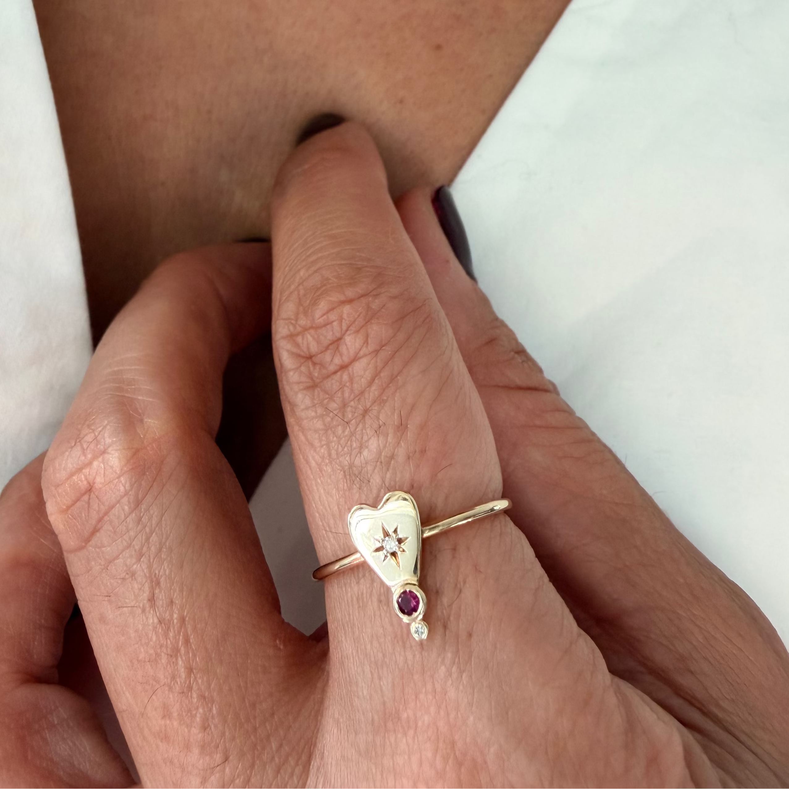 14K Gold Small Heart- shaped Diamond Star Ring with Ruby