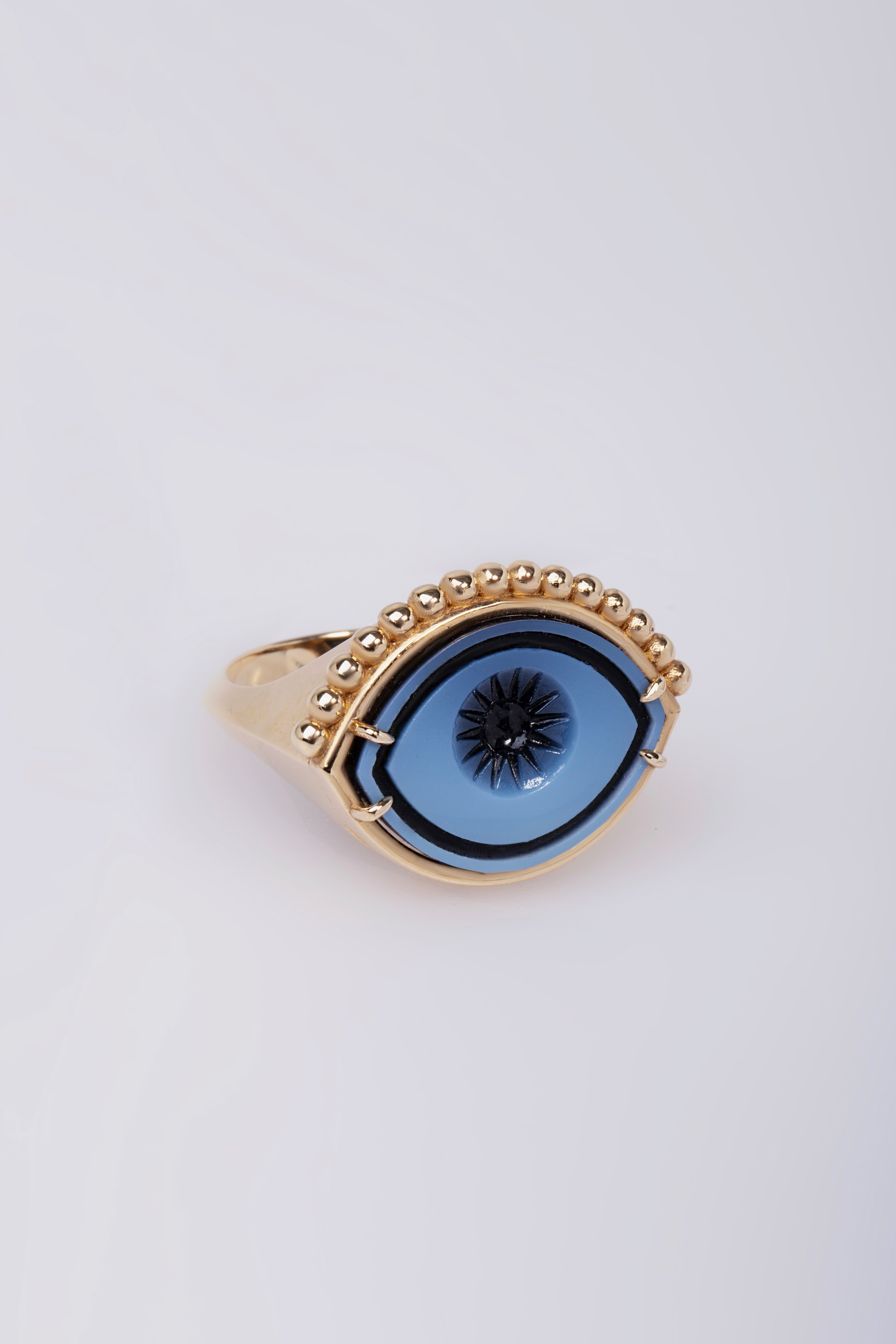 Cycladic Talisman 14K Gold Ring with Cameo Eye and Dot Lashes