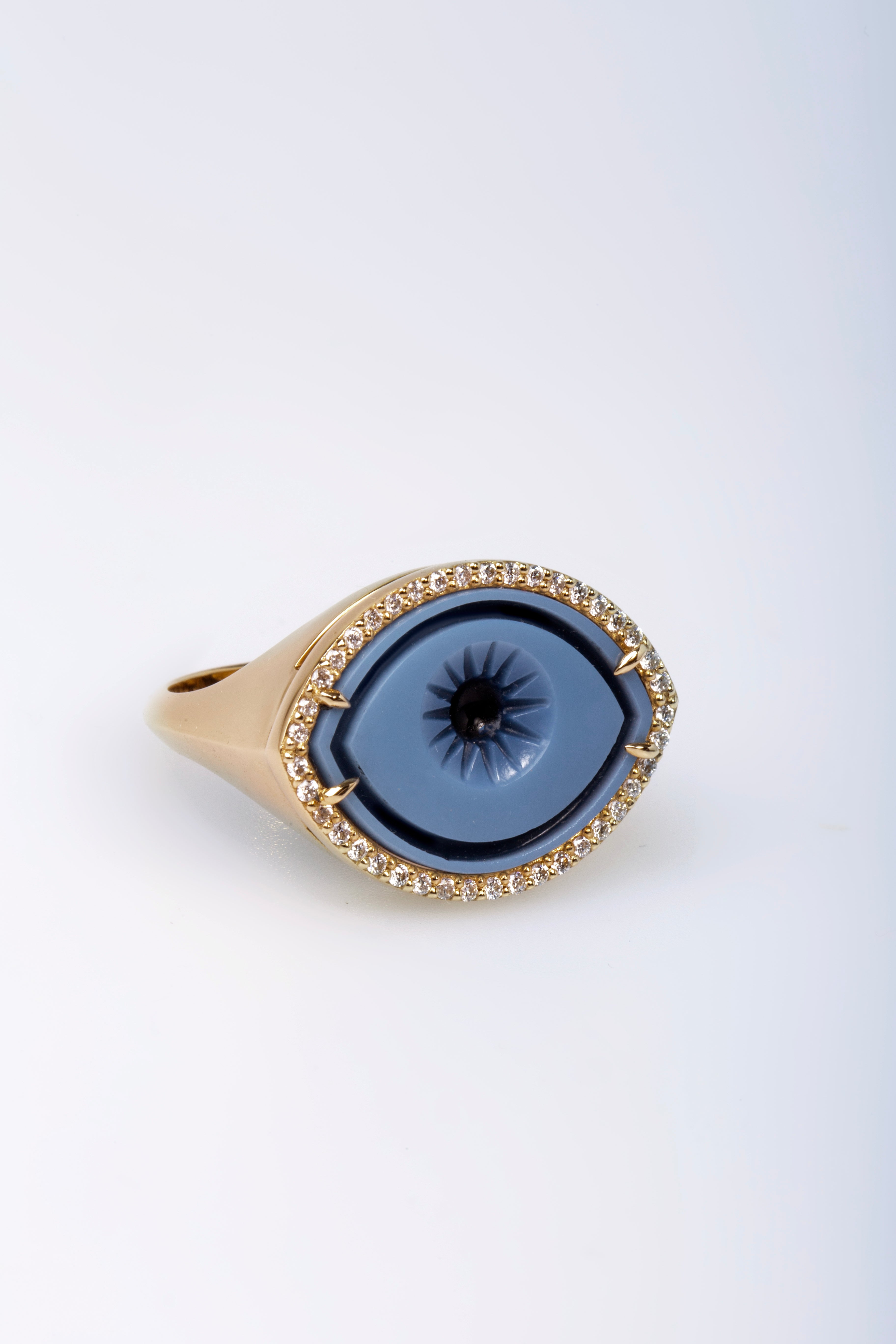 Cycladic Talisman 14K Gold Ring with Cameo Eye framed with Diamonds