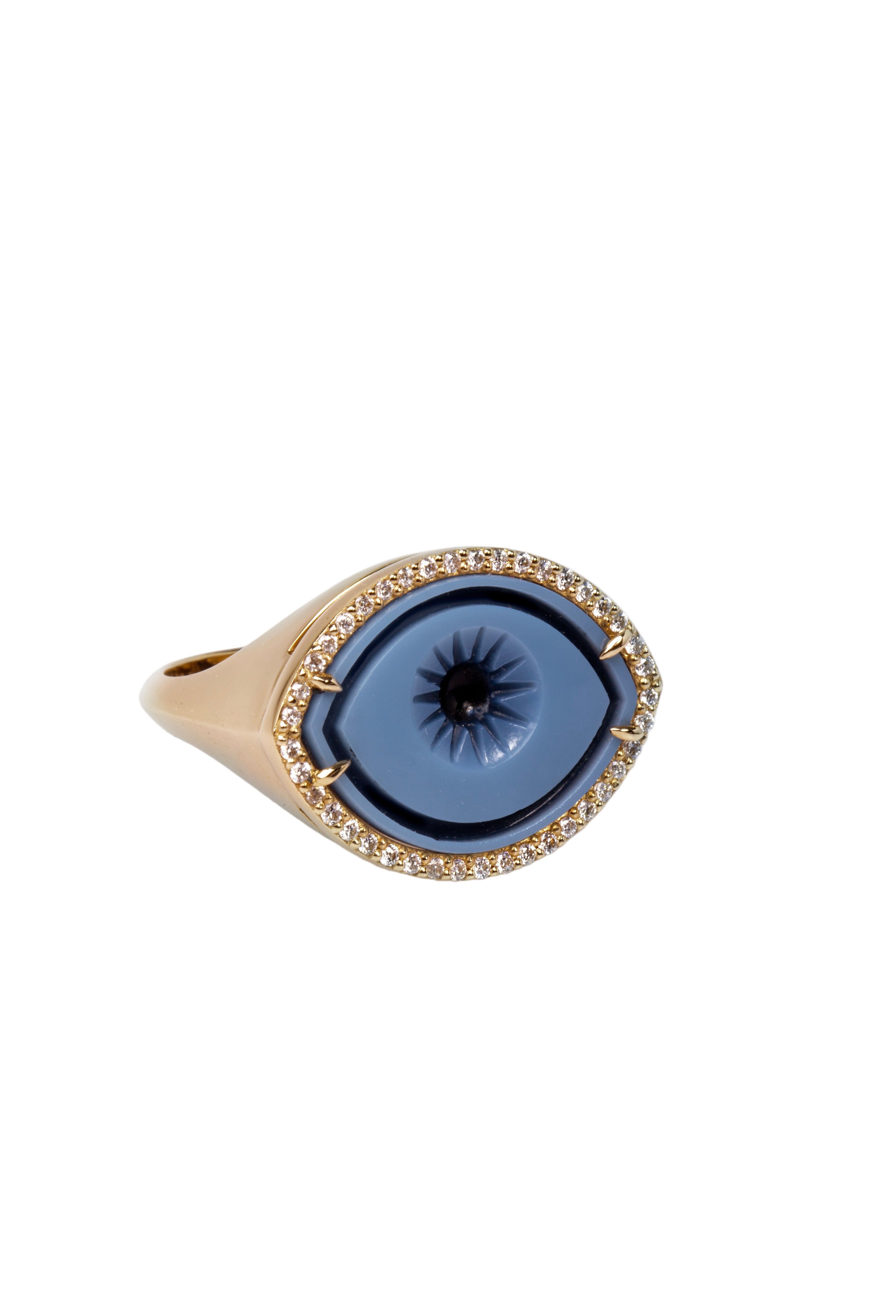 Cycladic Talisman 14K Gold Ring with Cameo Eye framed with Diamonds