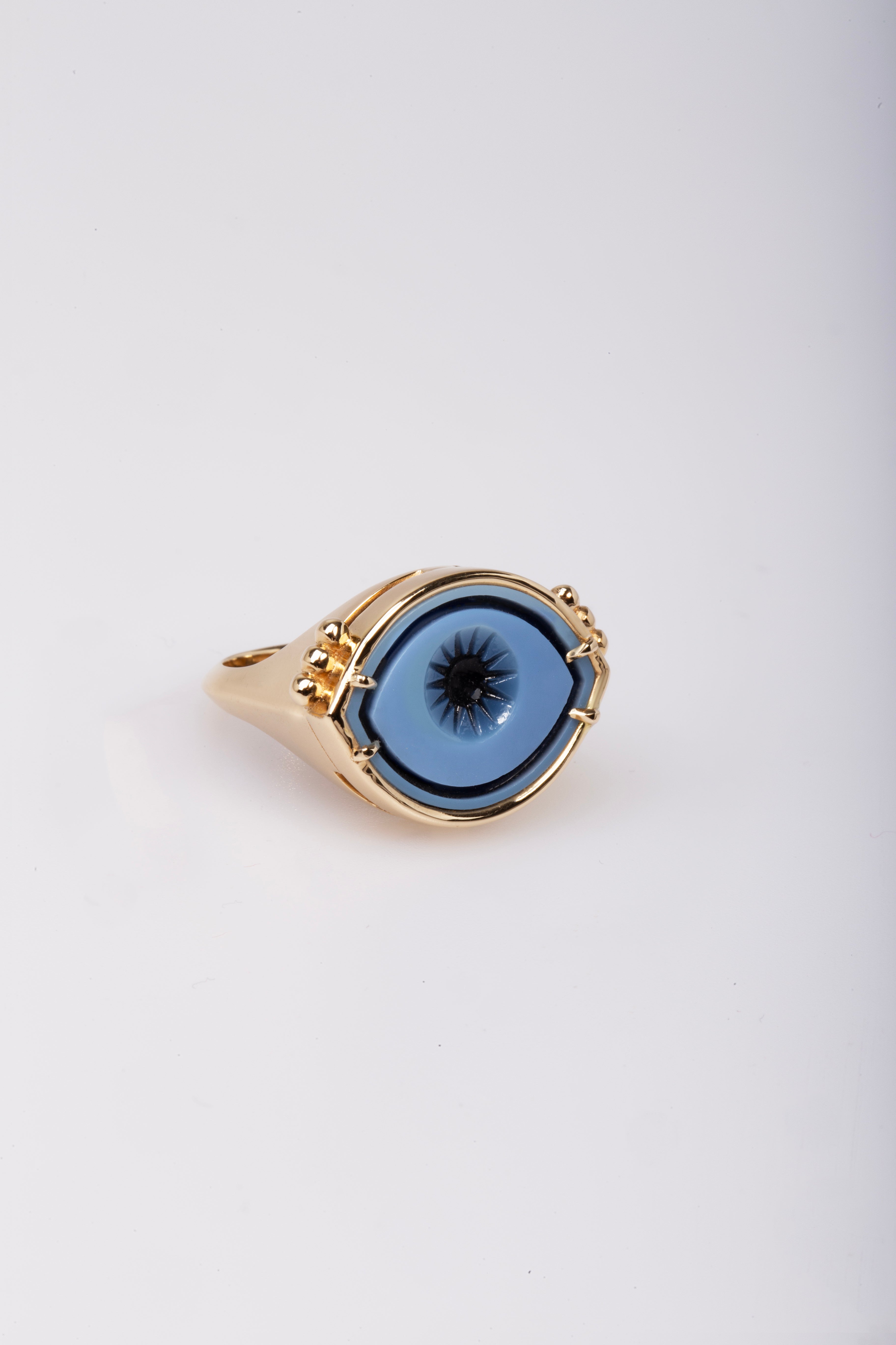 Cycladic Talisman 14K Gold Ring with Cameo Eye and 6 Gold Dots