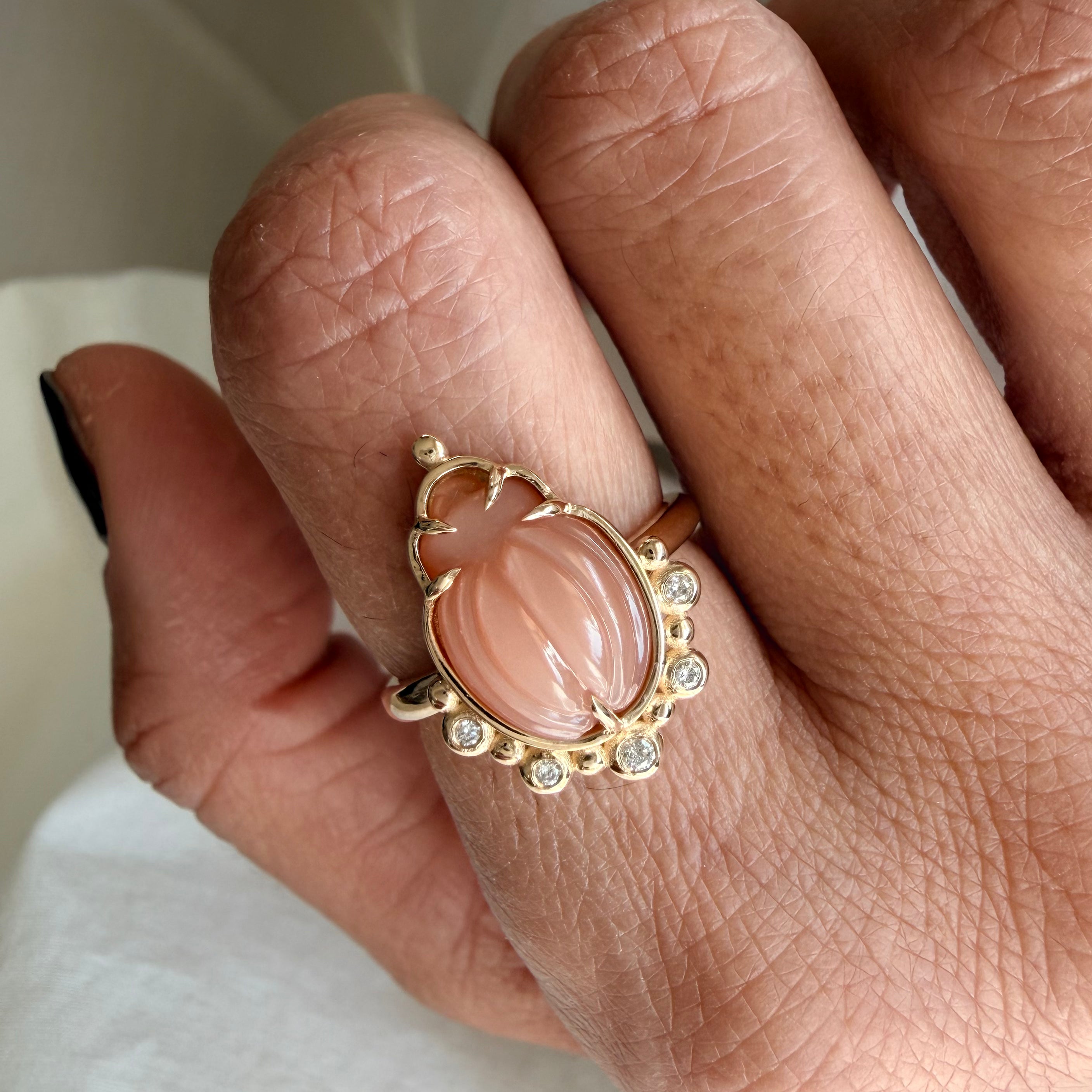 14K Gold Small Scarab Moonstone Ring with Diamonds