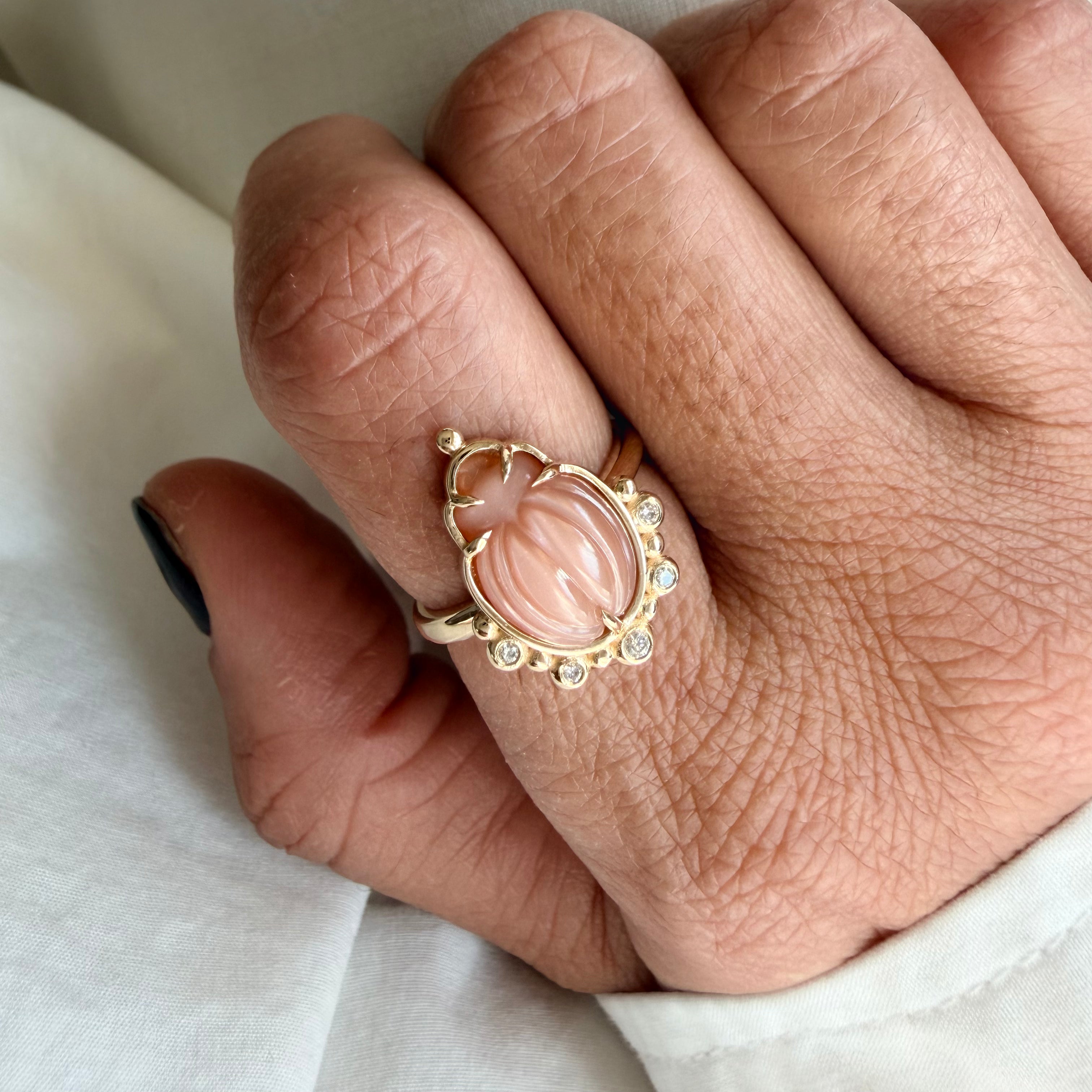 14K Gold Small Scarab Moonstone Ring with Diamonds